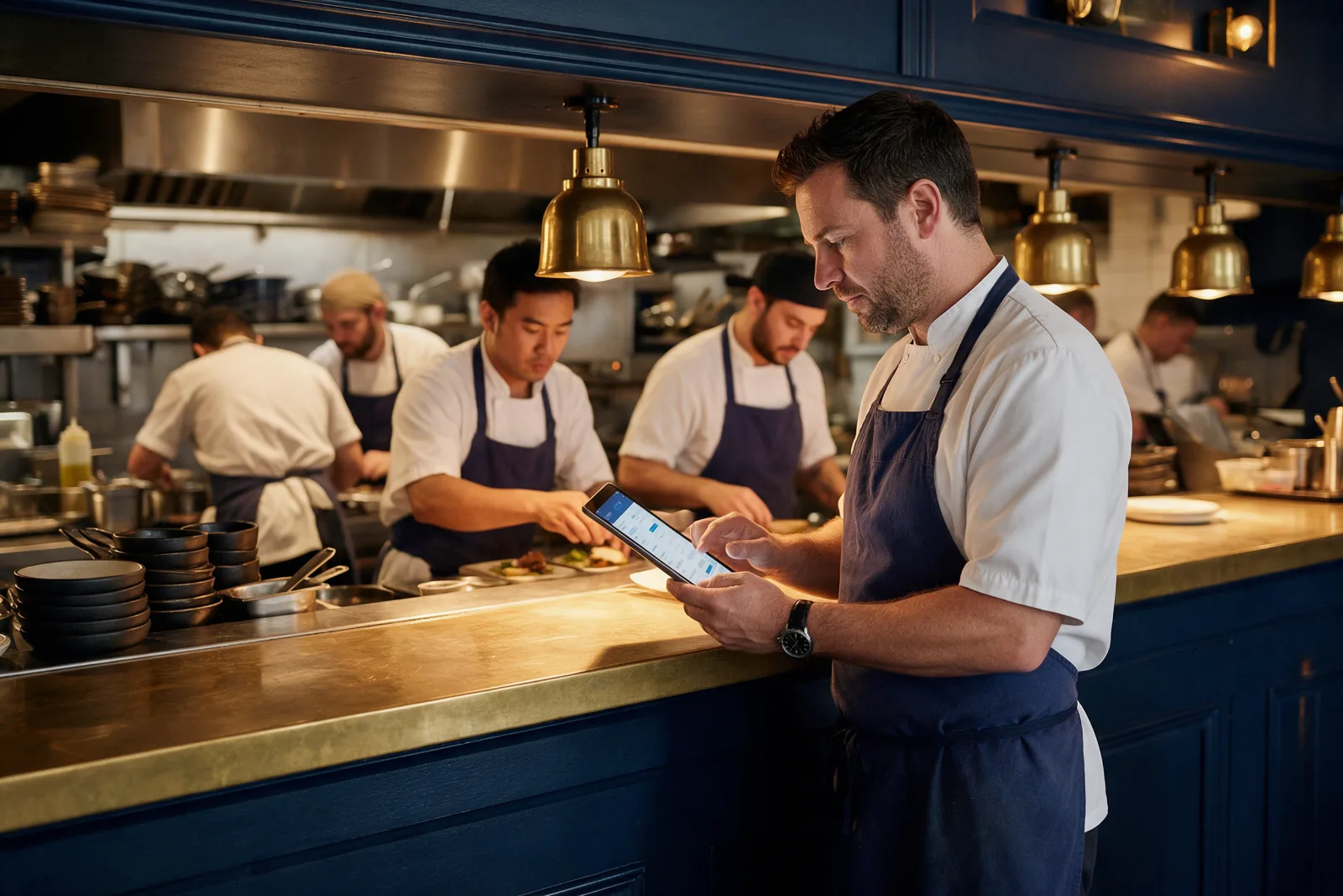 Restaurant owner at the kitchen pass reviewing online table bookings on a tablet while chefs work behind