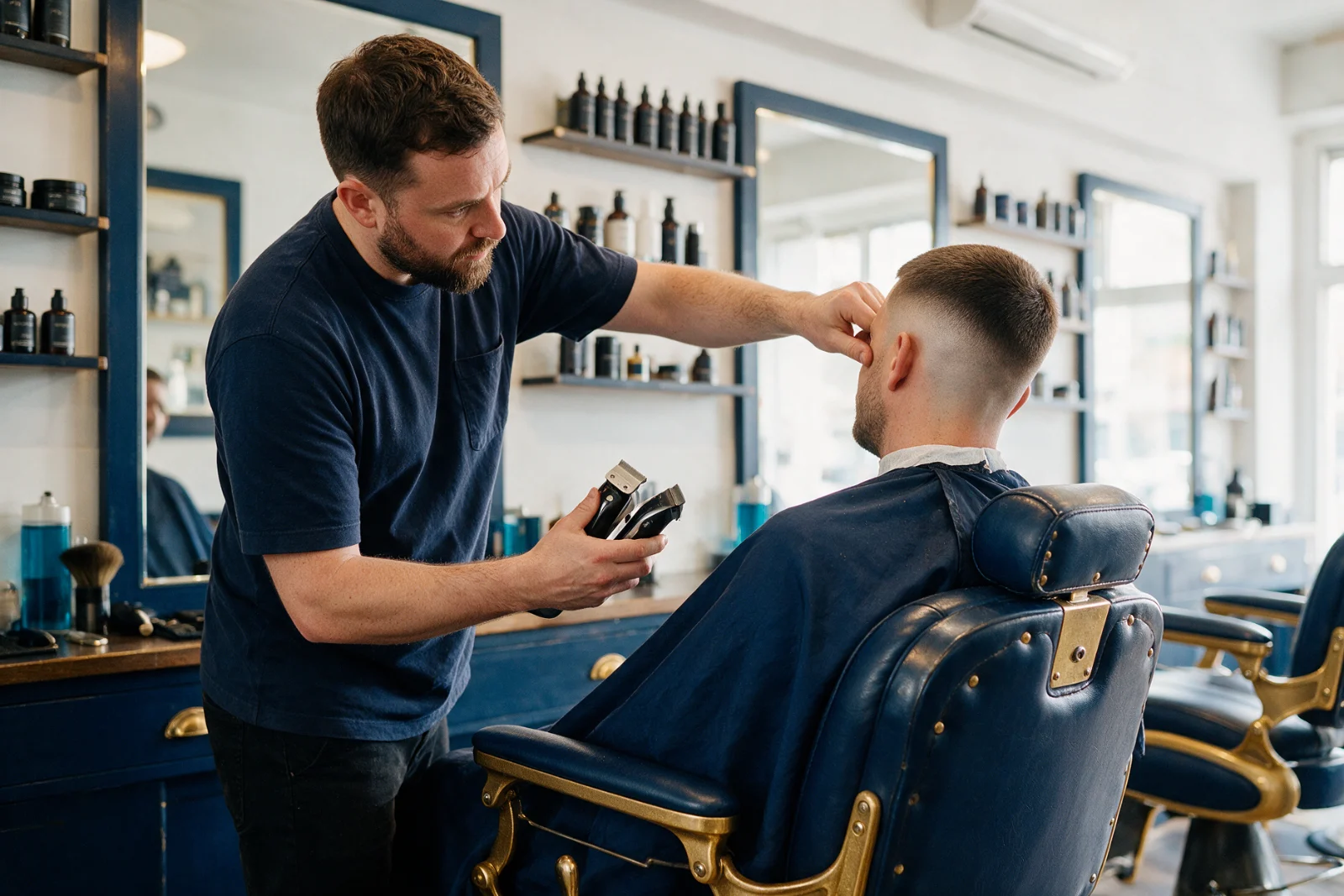 Barber finishing a skin fade on a client in a classic leather barber chair, using clippers in a bright independent barbershop