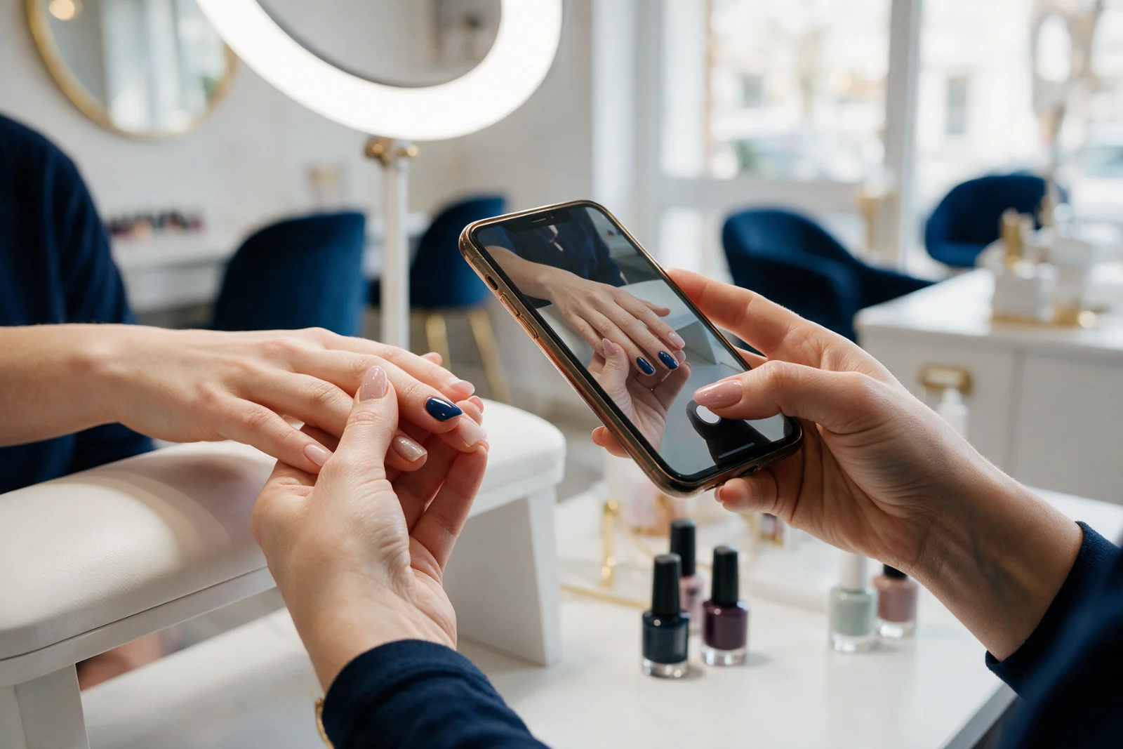 Nail technician photographing a client's finished gel manicure under soft light to add to the salon's service gallery online