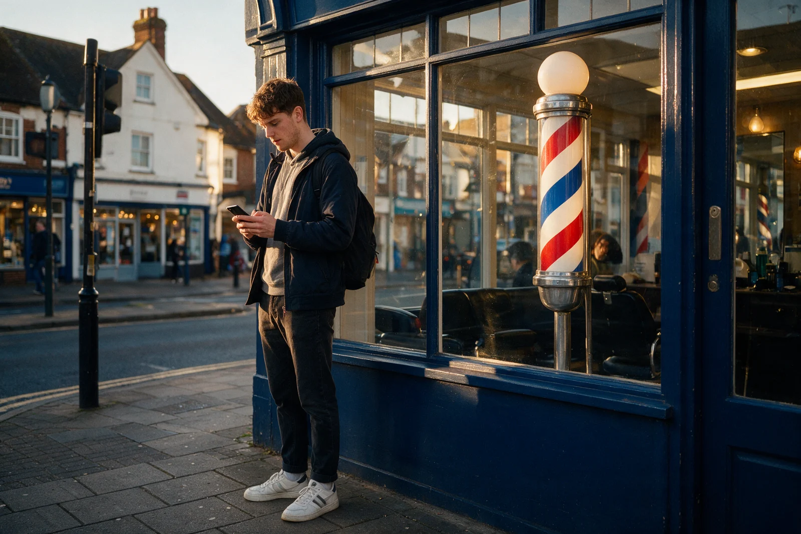 Young man on a high street checking barber availability on his smartphone outside a shopfront with a traditional striped pole
