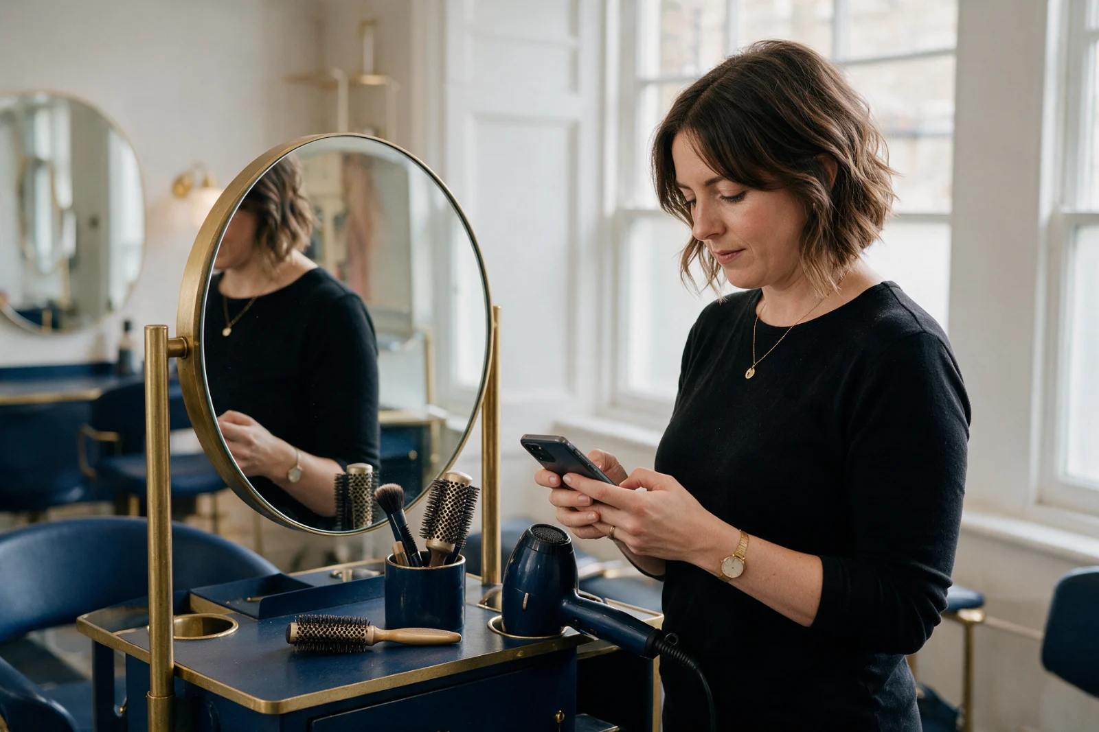 Hair stylist checking her appointments for the afternoon on a smartphone between clients, standing beside her styling station