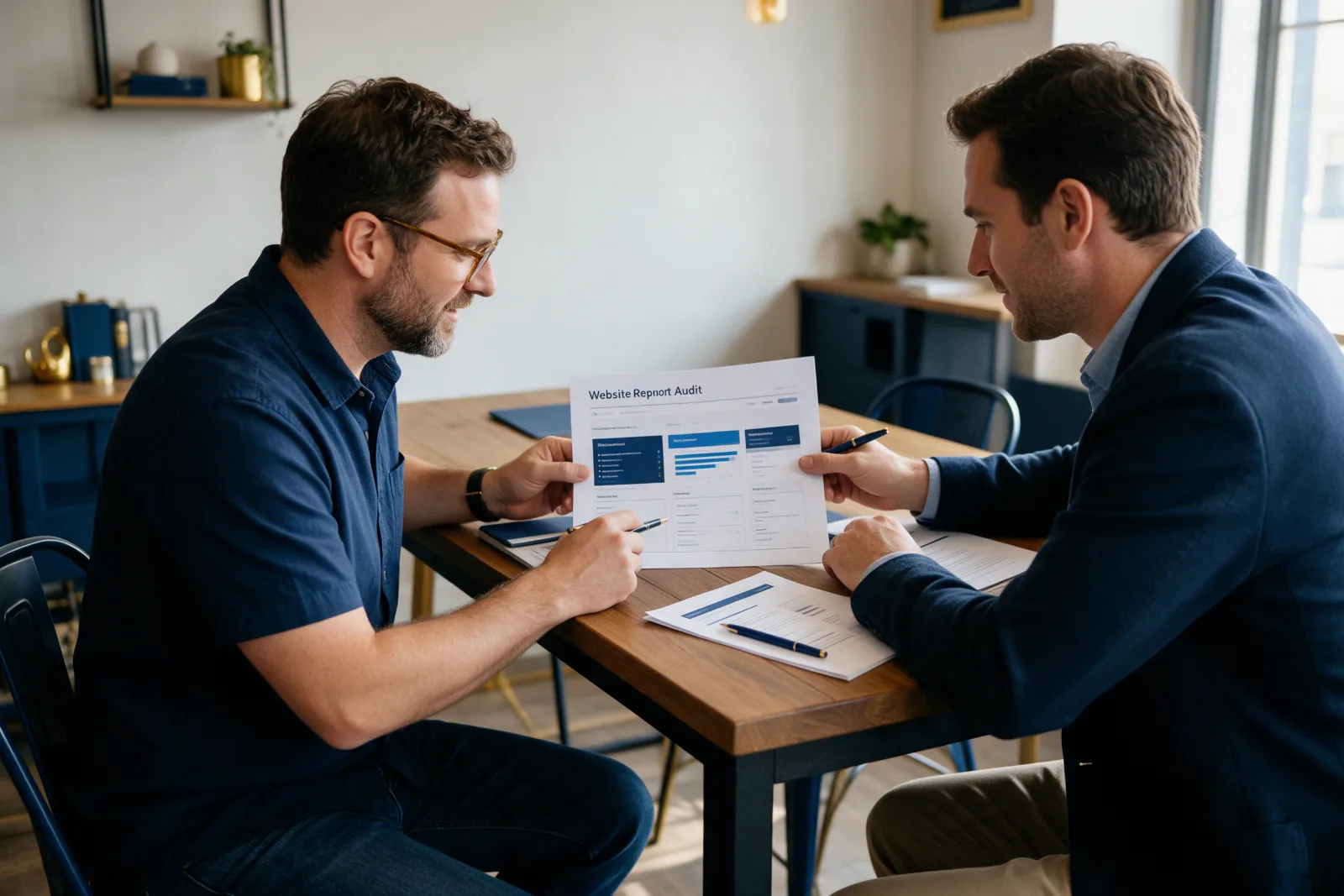Business owner and an SEO consultant reviewing a printed website audit report together at a wooden table in natural light