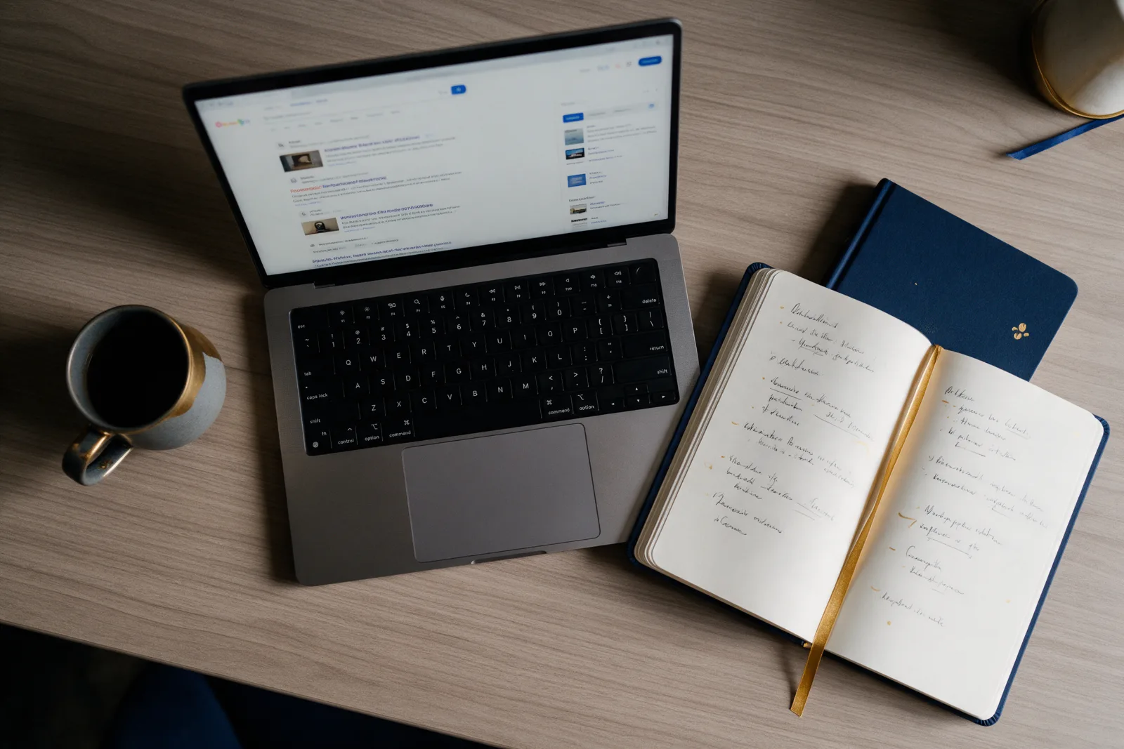 Top down view of a laptop showing search results beside a notebook of handwritten keyword notes and a cup of coffee