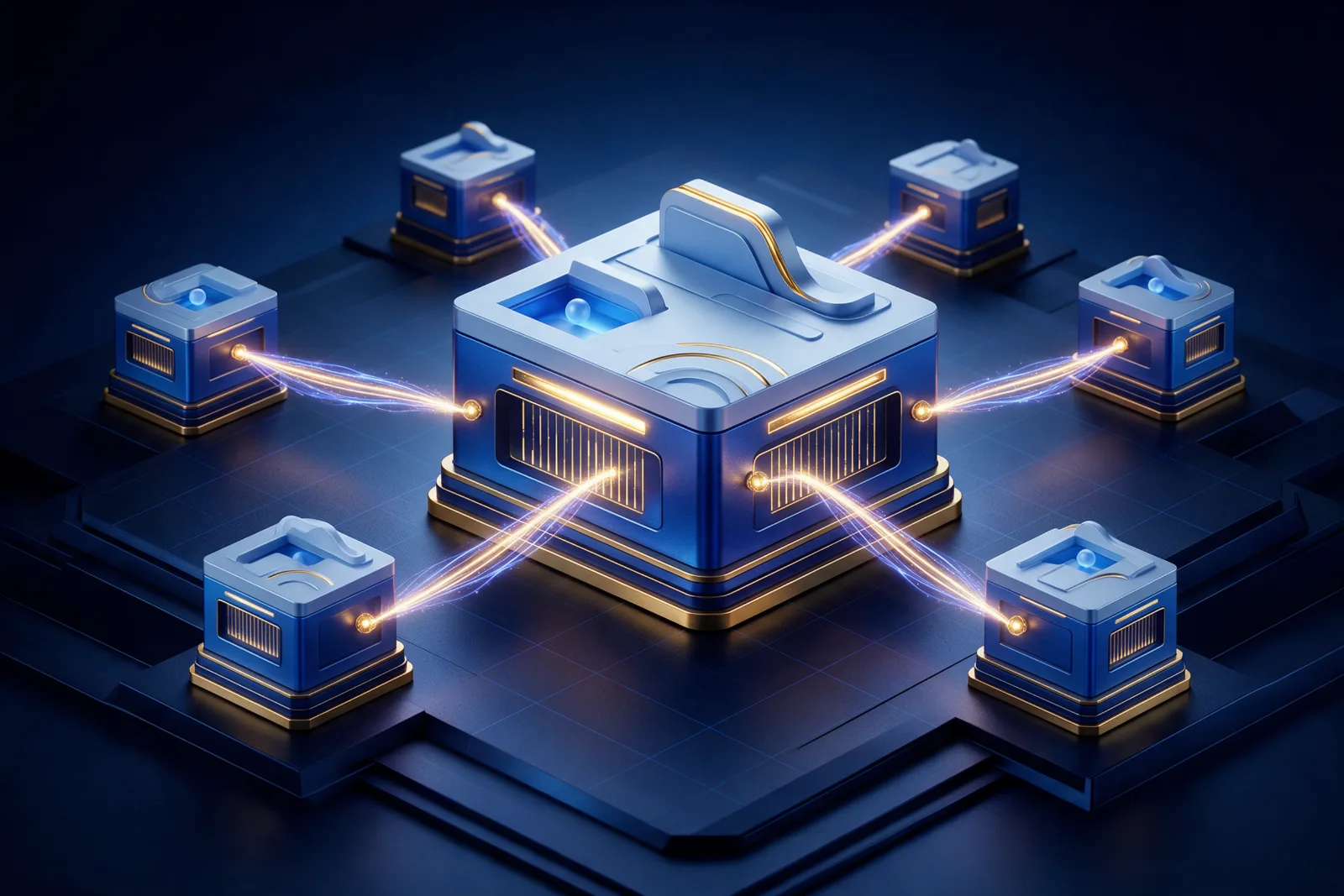 Isometric 3D illustration of a website structure, one main page linked to smaller pages by glowing lines in navy and gold