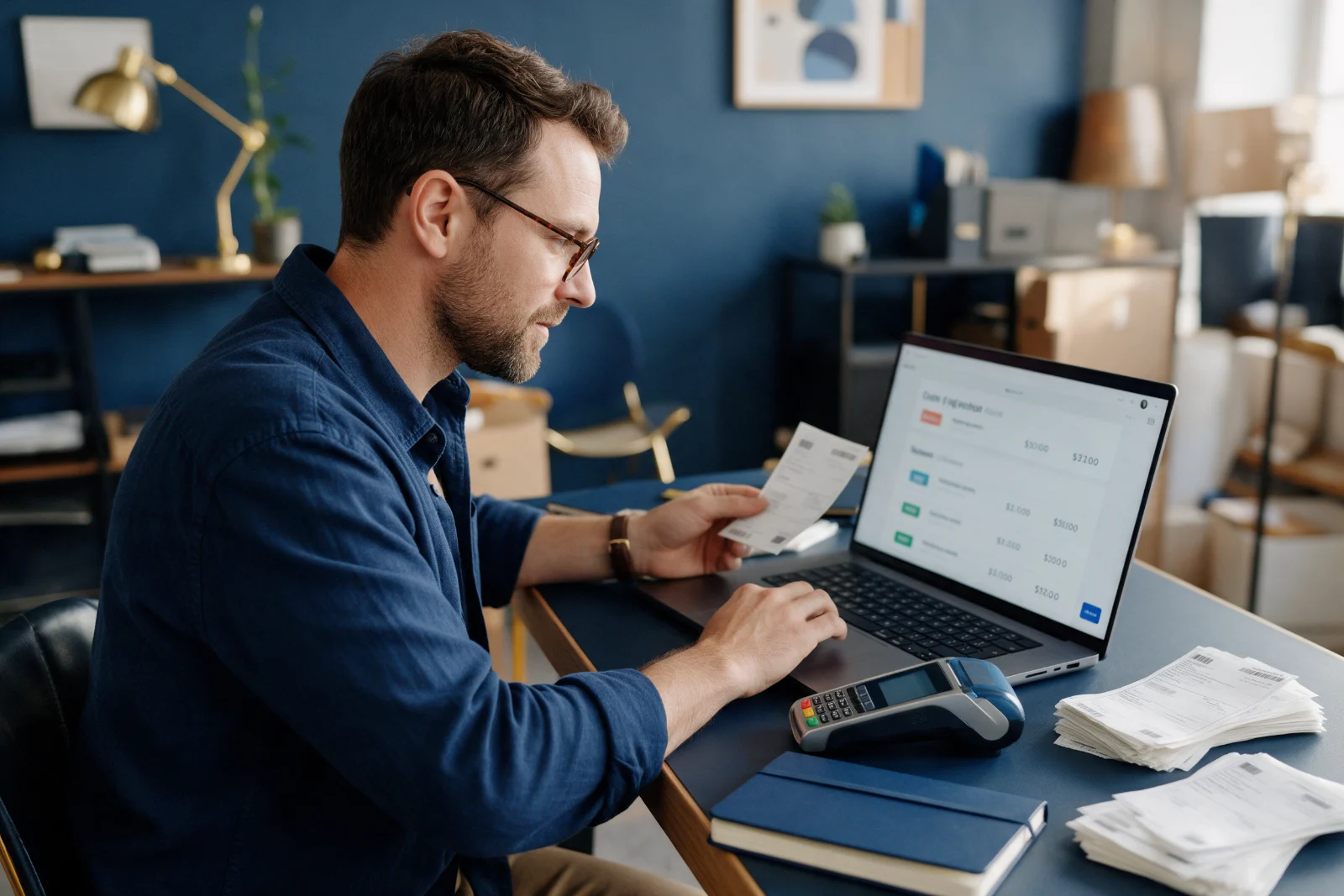 Shop owner comparing online store costs on a laptop with a card reader, shipping labels and a notebook spread across the desk