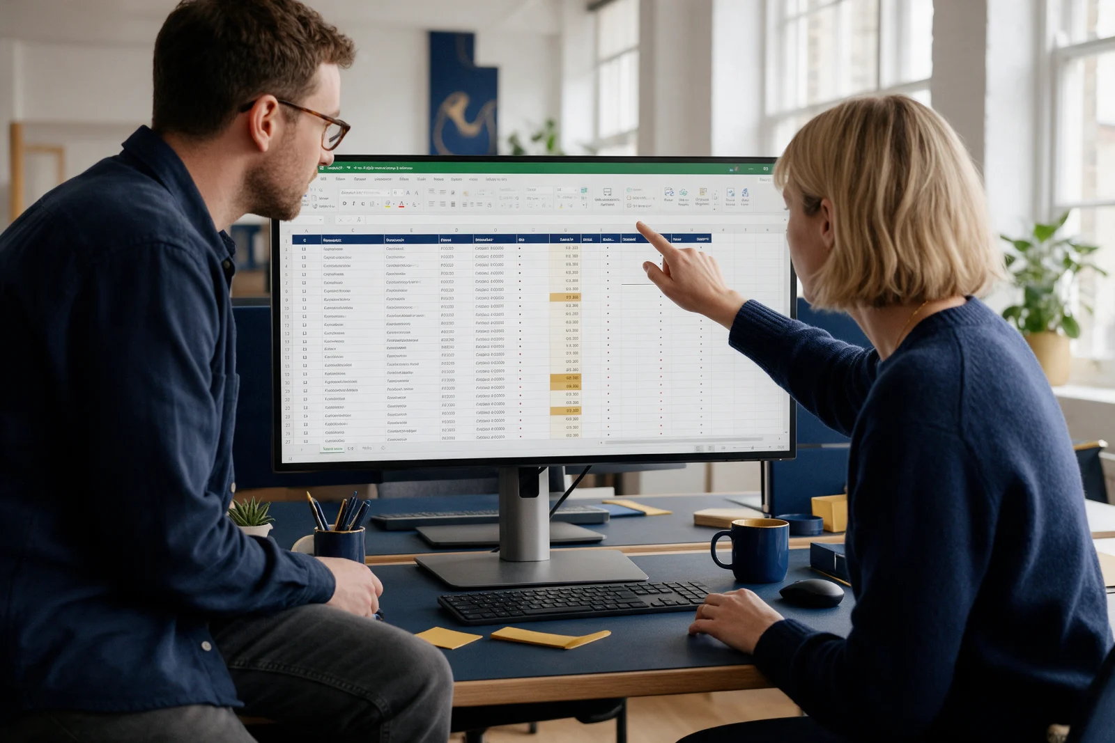 Two people reviewing a product spreadsheet on a large monitor during an online shop migration in a bright modern office