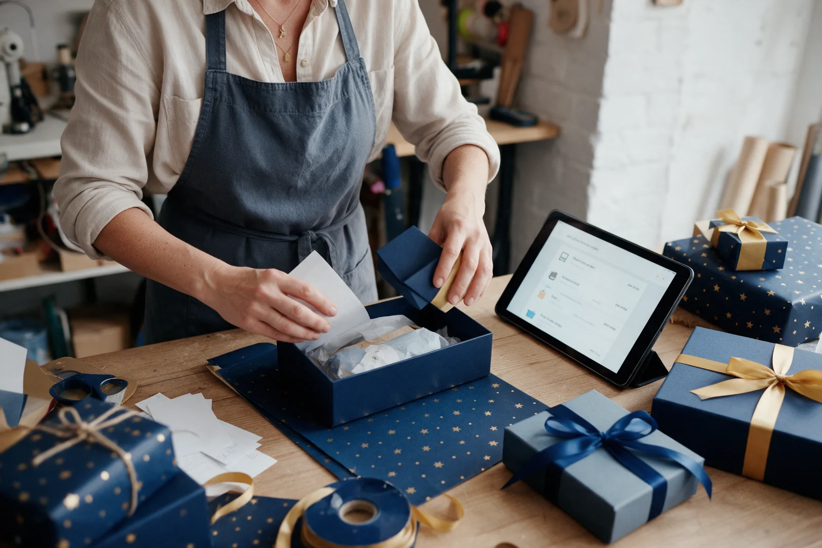 Independent shop owner packing customer orders into gift boxes on a workbench, with a tablet showing new online orders beside her