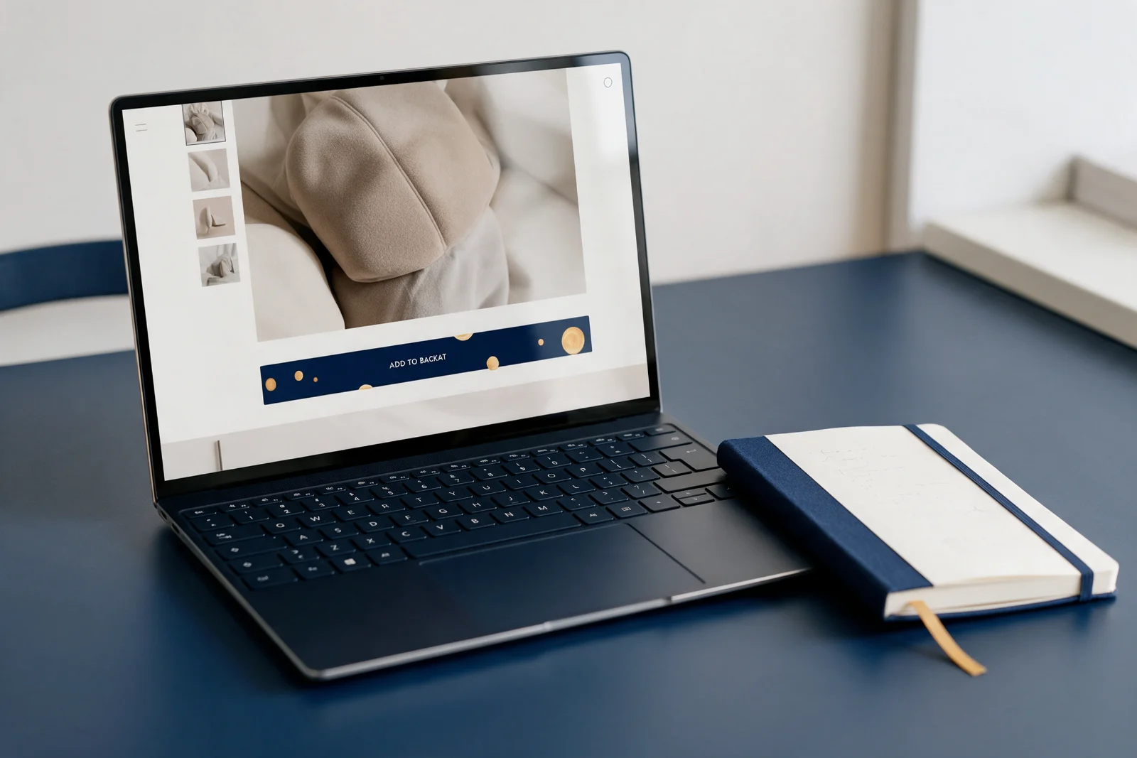 Laptop on a desk showing an online shop product page with large product photos and an add to basket button, beside keyword notes