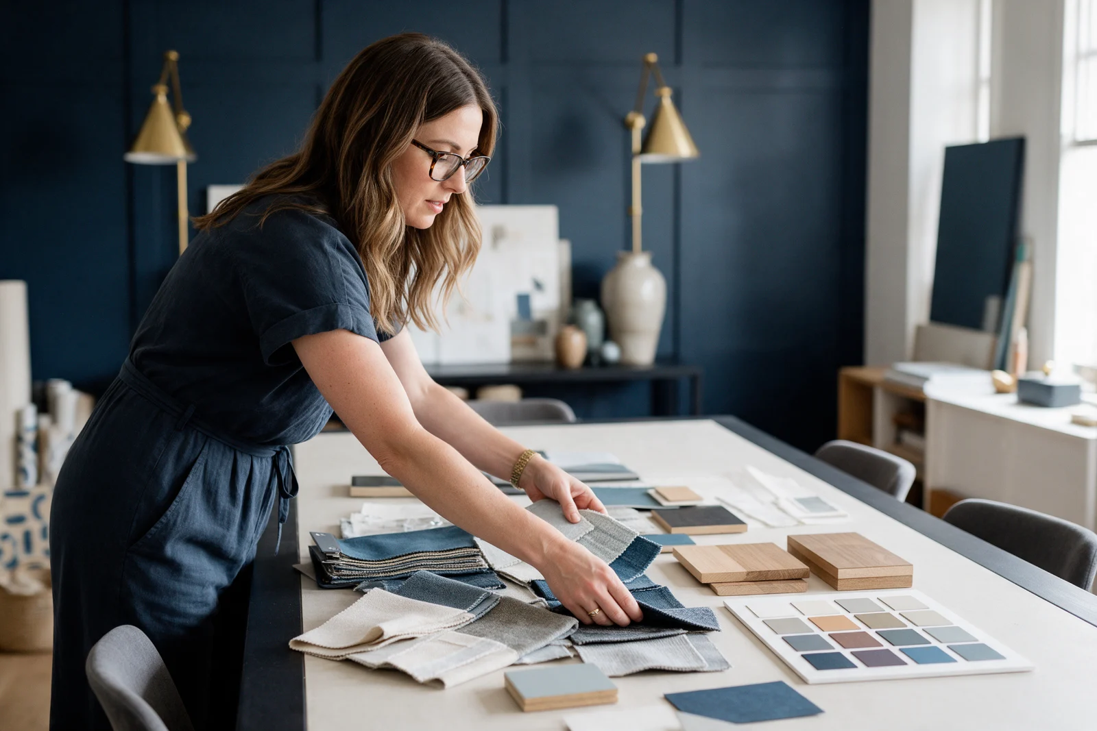 Interior designer arranging fabric samples and a colour board on a large table in a calm studio with navy walls