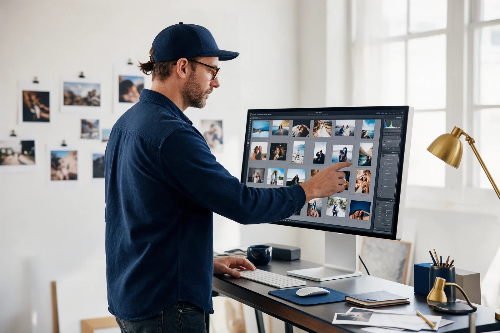 Photographer in a bright studio selecting images for her online portfolio on a large calibrated monitor, prints pinned on the wall