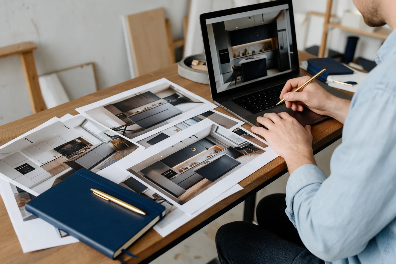 Designer writing a short project description on a laptop beside printed photographs of a finished kitchen project