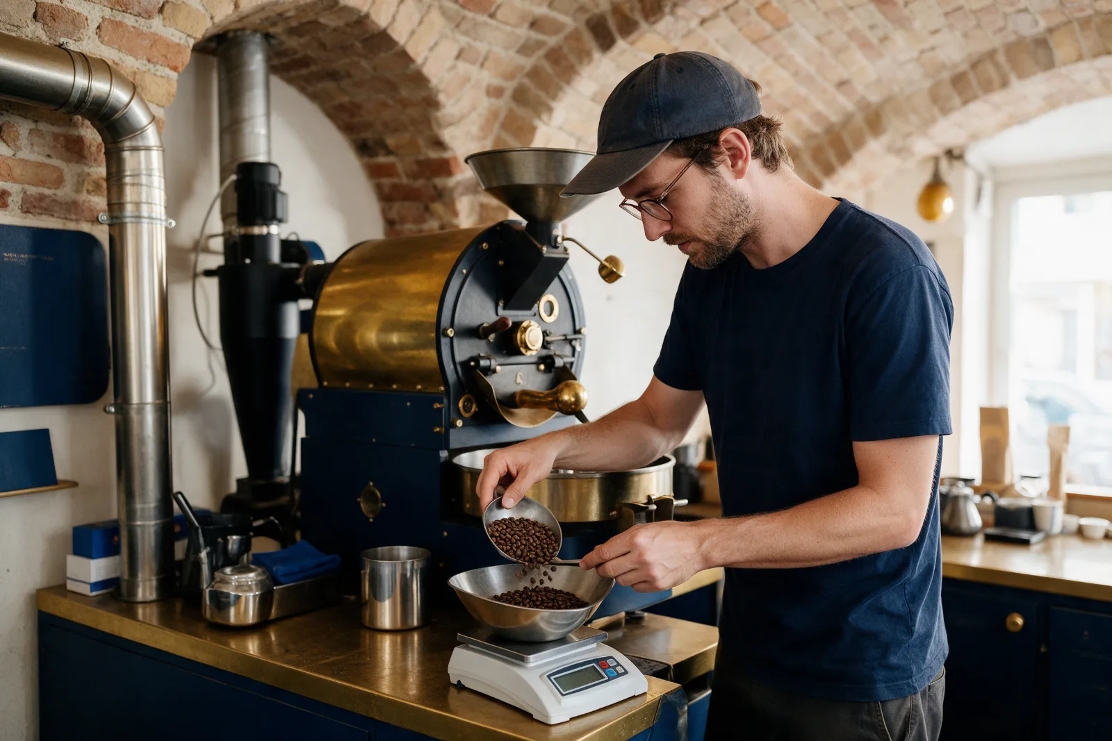 Independent coffee roaster weighing fresh beans in a small shop under exposed brick arches in warm natural light