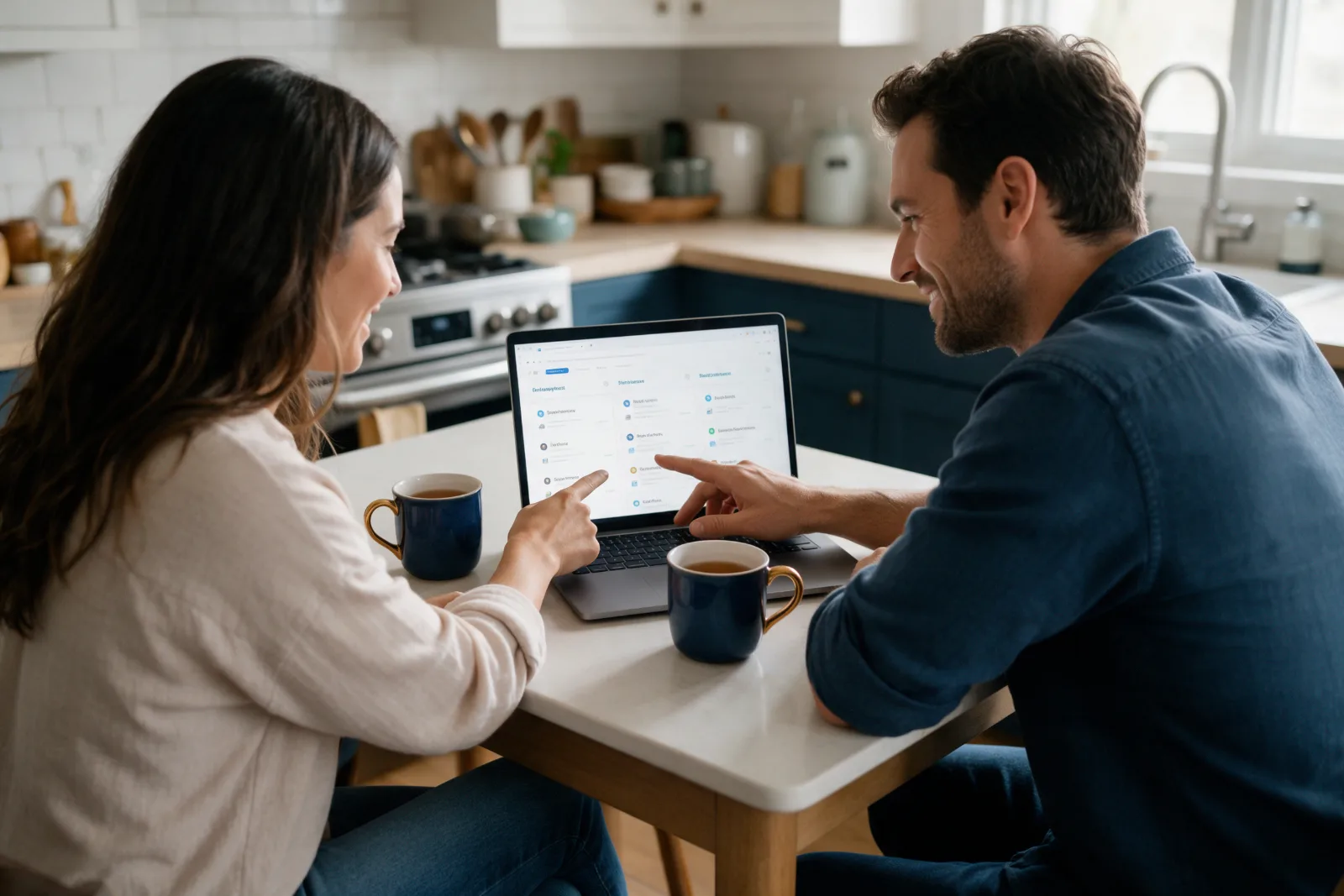 Couple at a kitchen table comparing local service providers on a laptop with mugs of tea in a suburban home