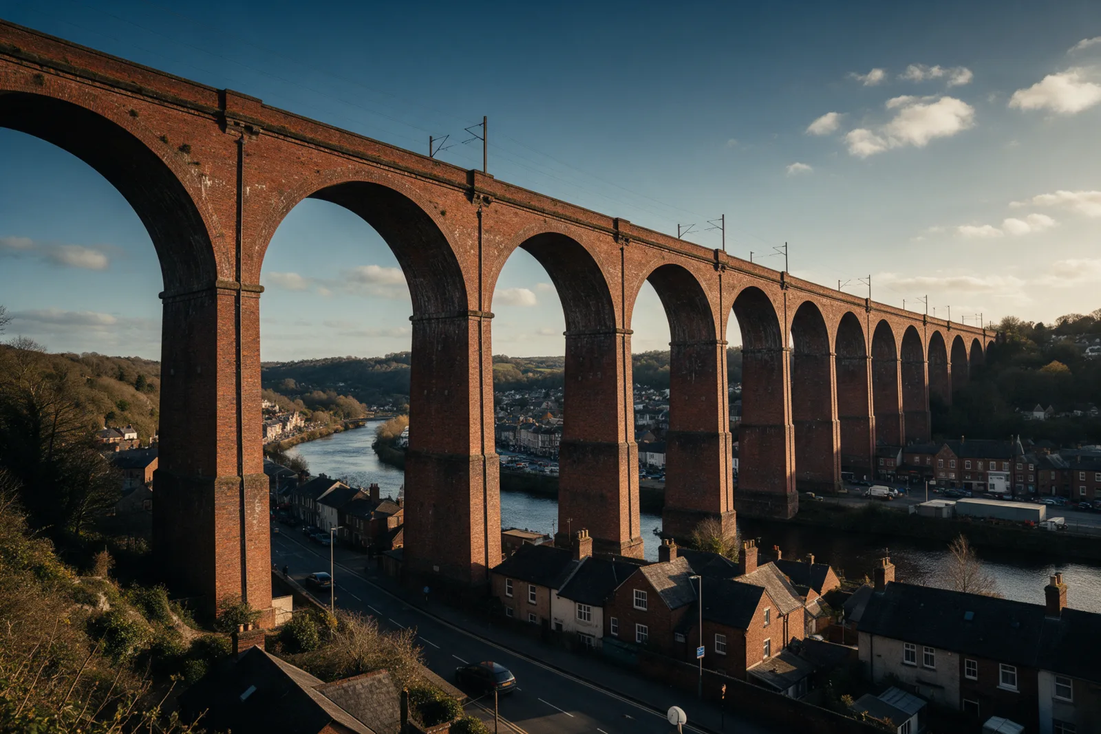 Huge red brick railway viaduct with many tall arches spanning a river valley above a town centre at golden hour