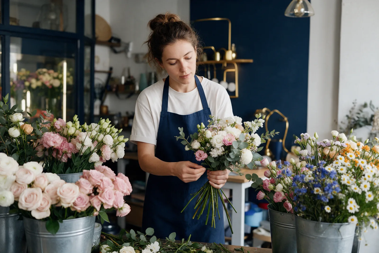 Florist arranging a bouquet in her independent flower shop surrounded by buckets of fresh flowers in soft light