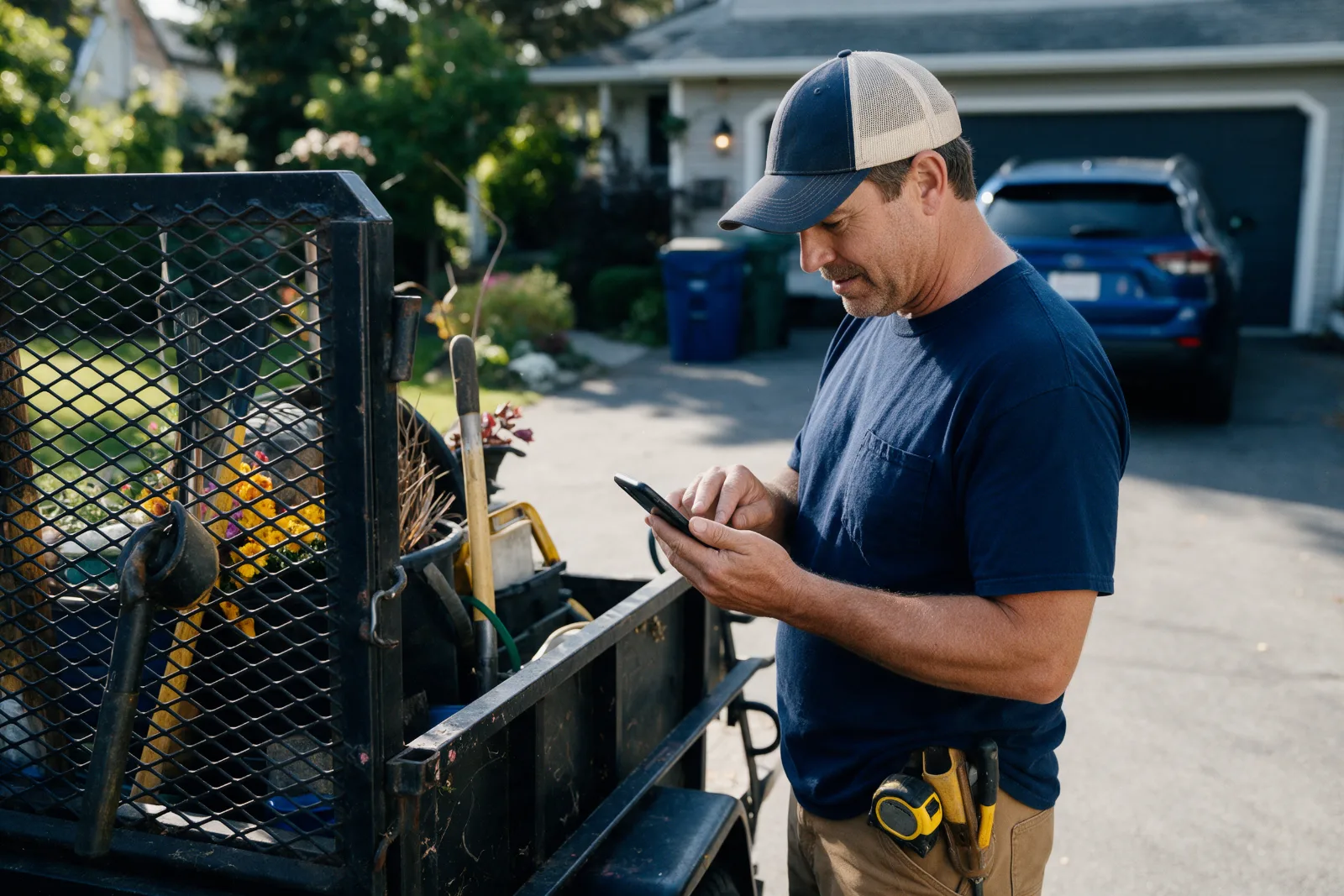 Landscape gardener standing by his trailer on a residential driveway and replying to a customer message on his phone