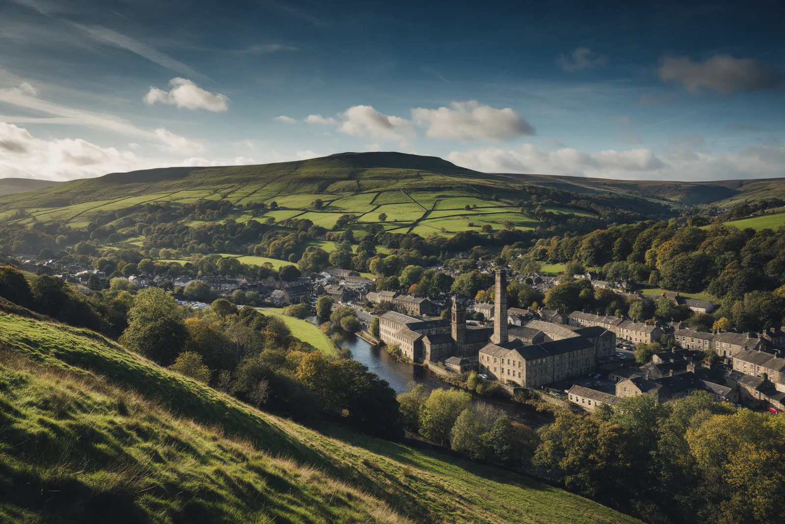 Green Pennine hills rising above a valley town with a river and old stone mill buildings in early autumn light