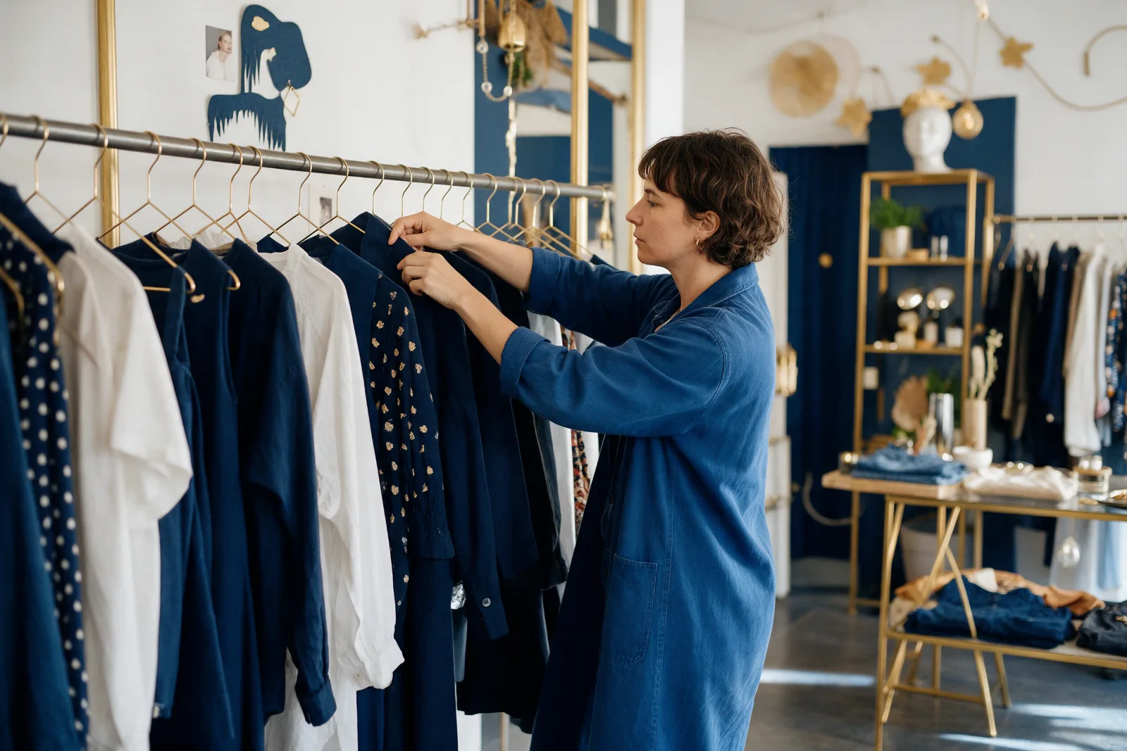 Boutique owner arranging clothes on a rail inside a stylish independent fashion shop in soft natural light