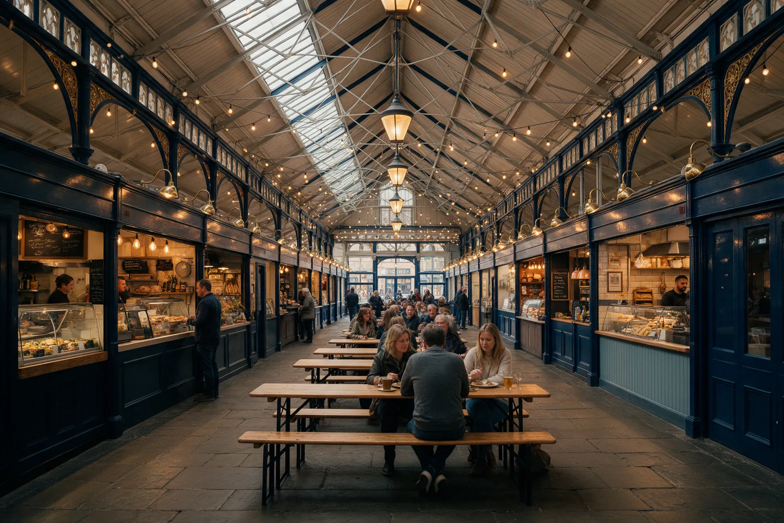 Elegant covered Victorian market hall with independent food stalls and long communal wooden tables full of diners