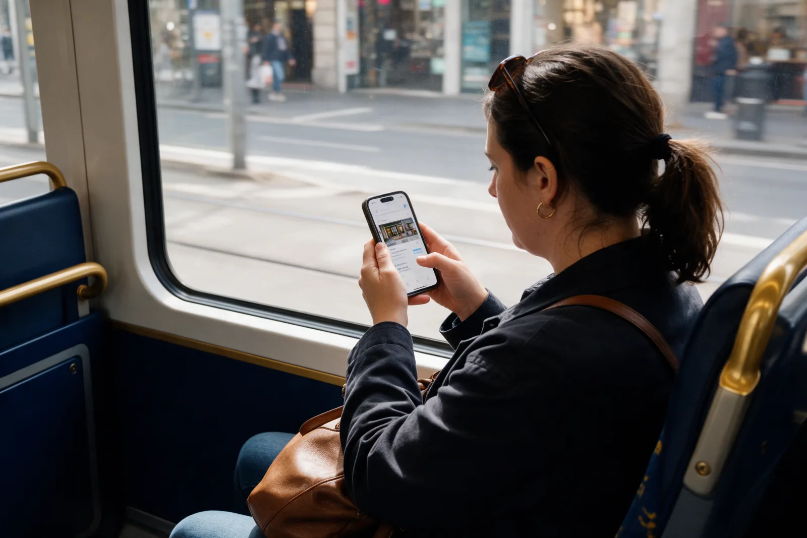 Commuter on a tram looking up a local business on her phone while the city passes by outside the window