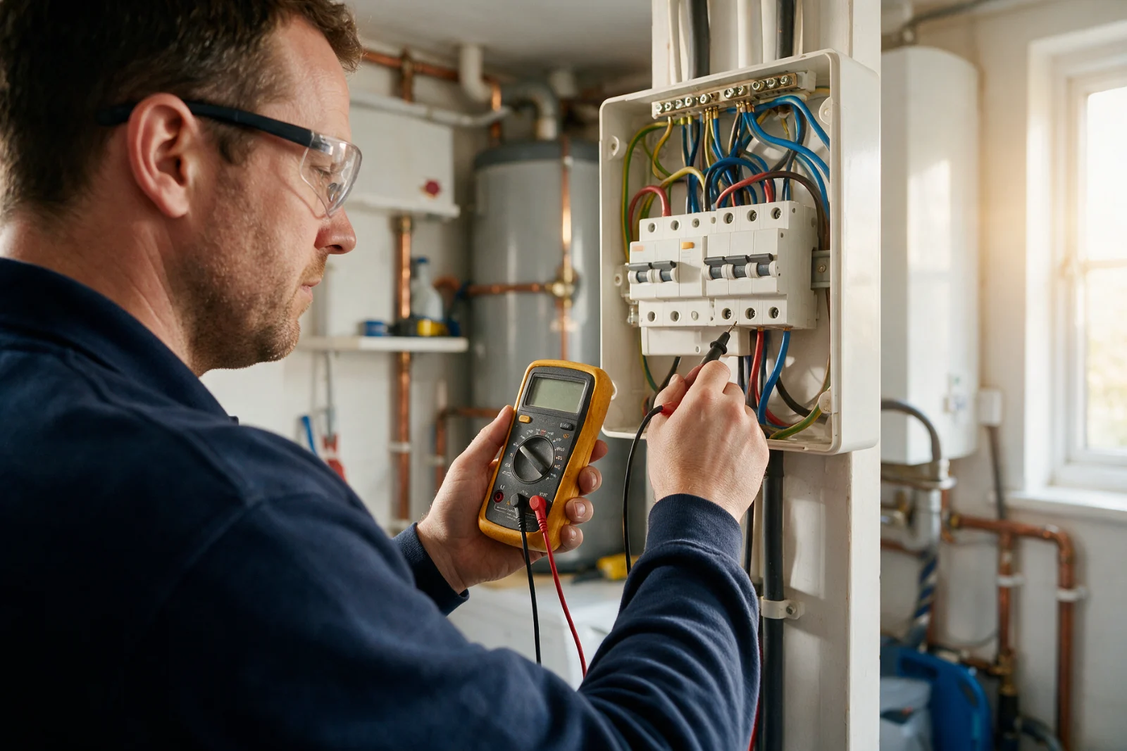 Electrician testing a consumer unit with a multimeter in a tidy utility room, wearing safety glasses and a navy work top