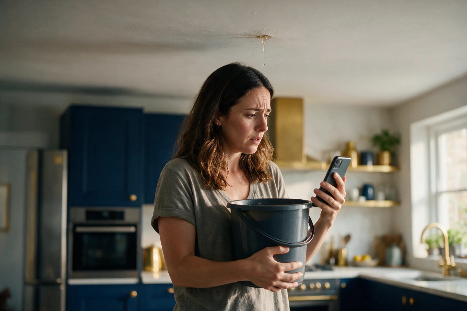 Homeowner in her kitchen holding a towel under a dripping ceiling while searching for an emergency plumber on her phone
