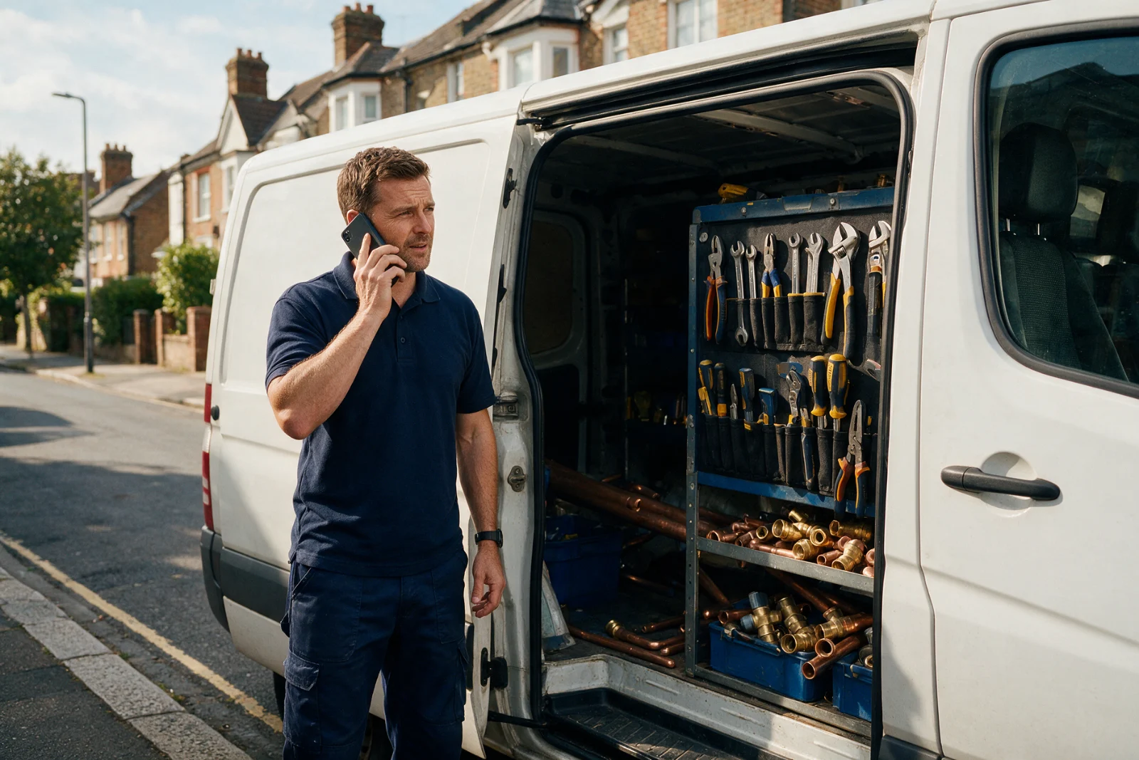 Plumber in navy work clothes taking a customer call on his phone beside an open white van stocked with neatly racked tools
