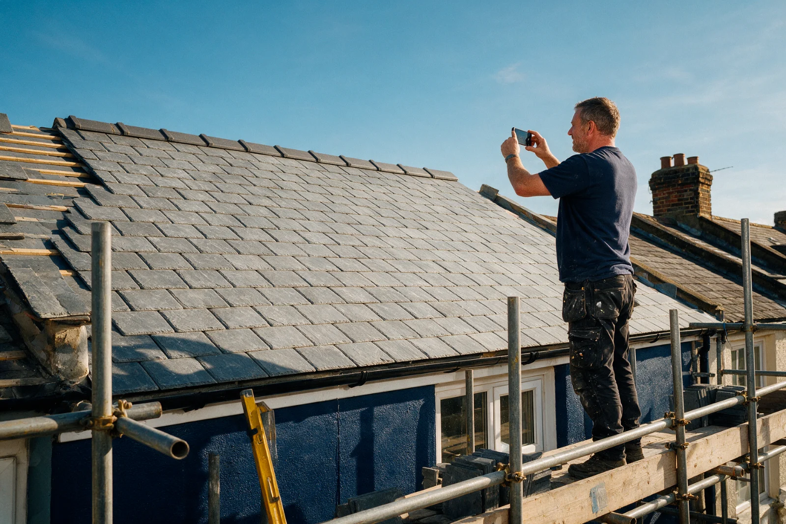 Roofer on scaffolding photographing a newly finished slate roof with his phone to add to his website gallery