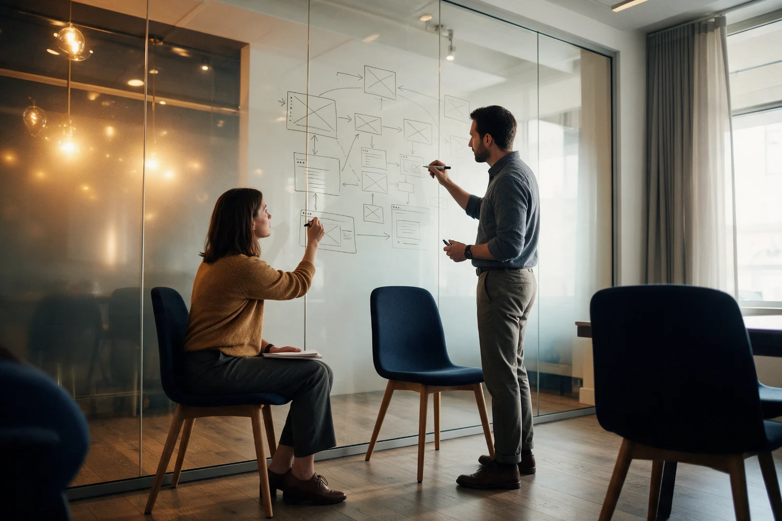 Two consultants sketching a website structure diagram with arrows on a glass wall in a modern meeting room with navy furnishings
