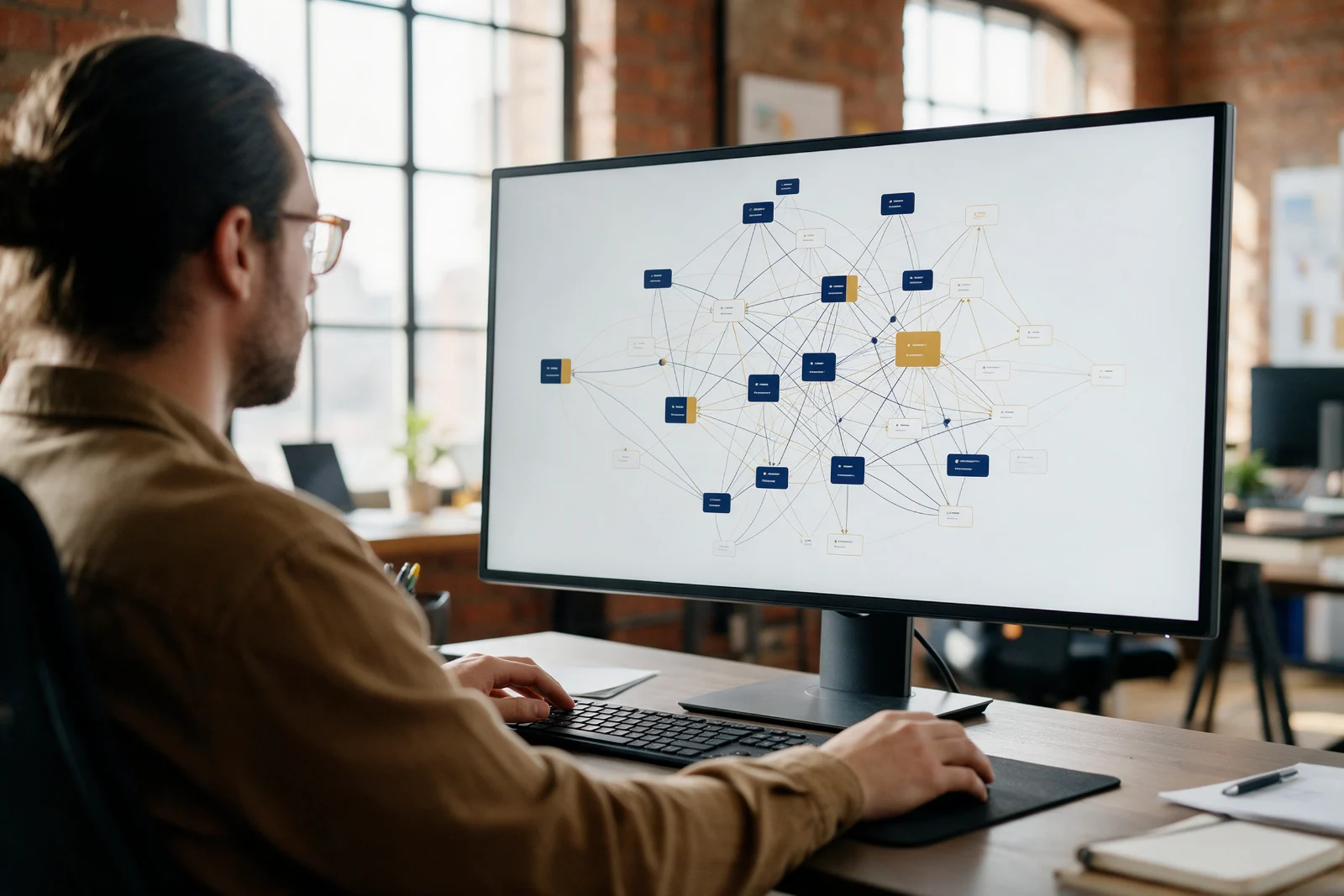 SEO specialist studying a website crawl map with linked page nodes on a large monitor in a bright Manchester office with exposed brick