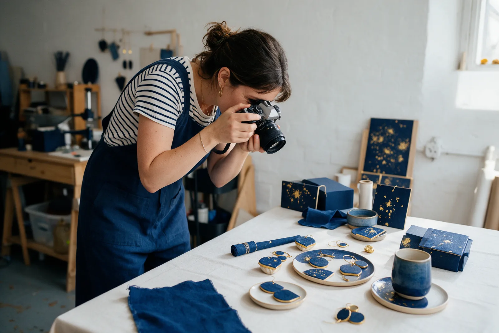 Small business owner photographing her handmade products on a table with a camera to use on her new website