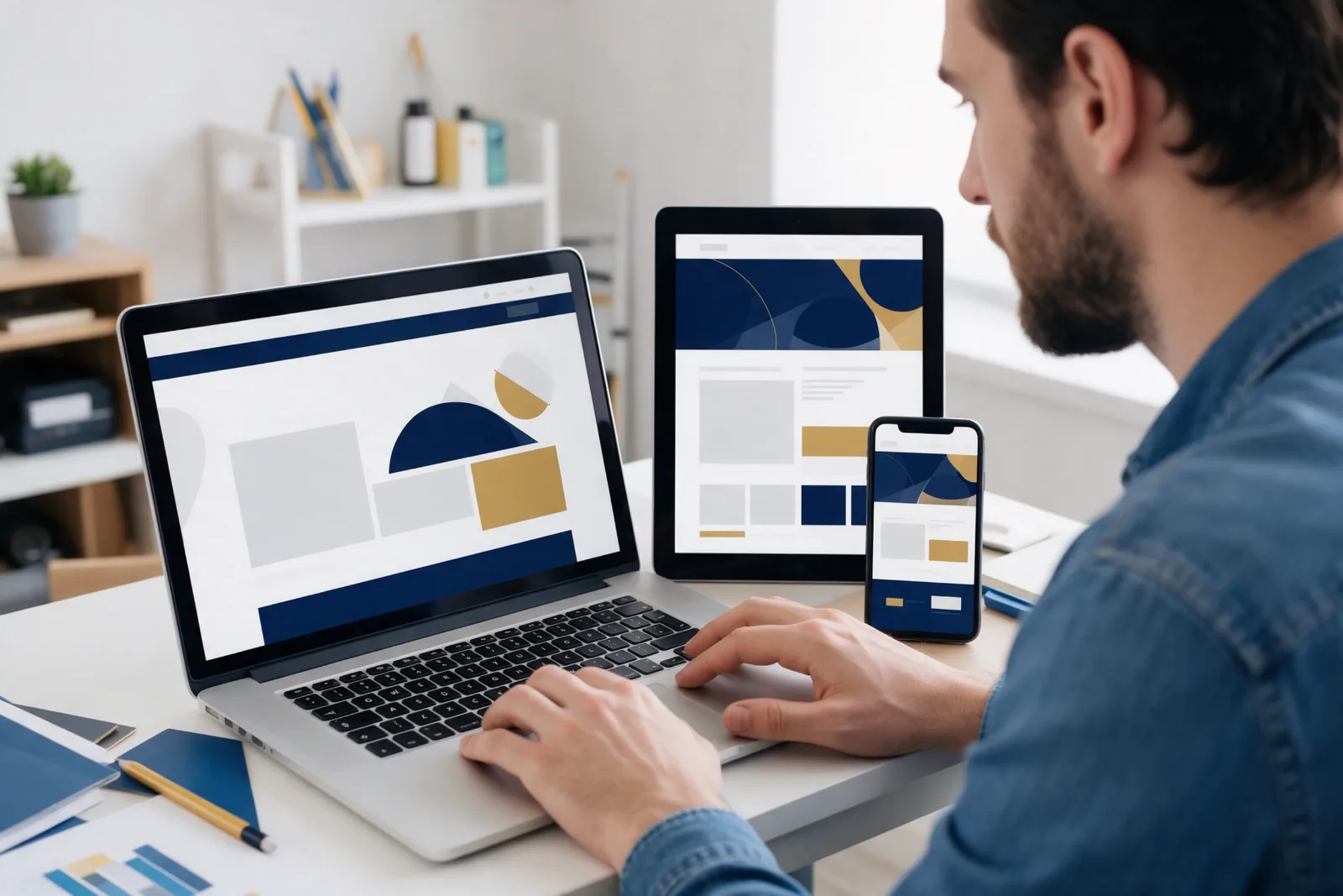 Web designer at a tidy desk working on one website layout shown across a laptop, a tablet and a phone in a bright studio