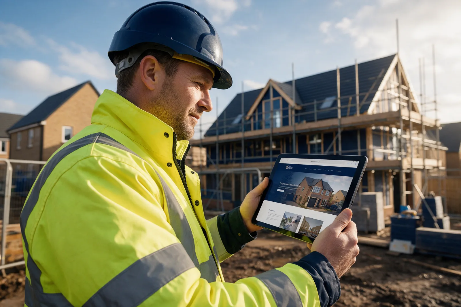Builder in a hi-vis jacket and hard hat reviewing his company website on a tablet on a new housing site