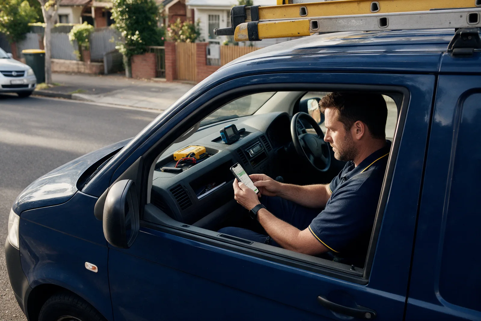 Electrician sitting in the cab of his van and checking new job enquiries on his phone on a quiet suburban street