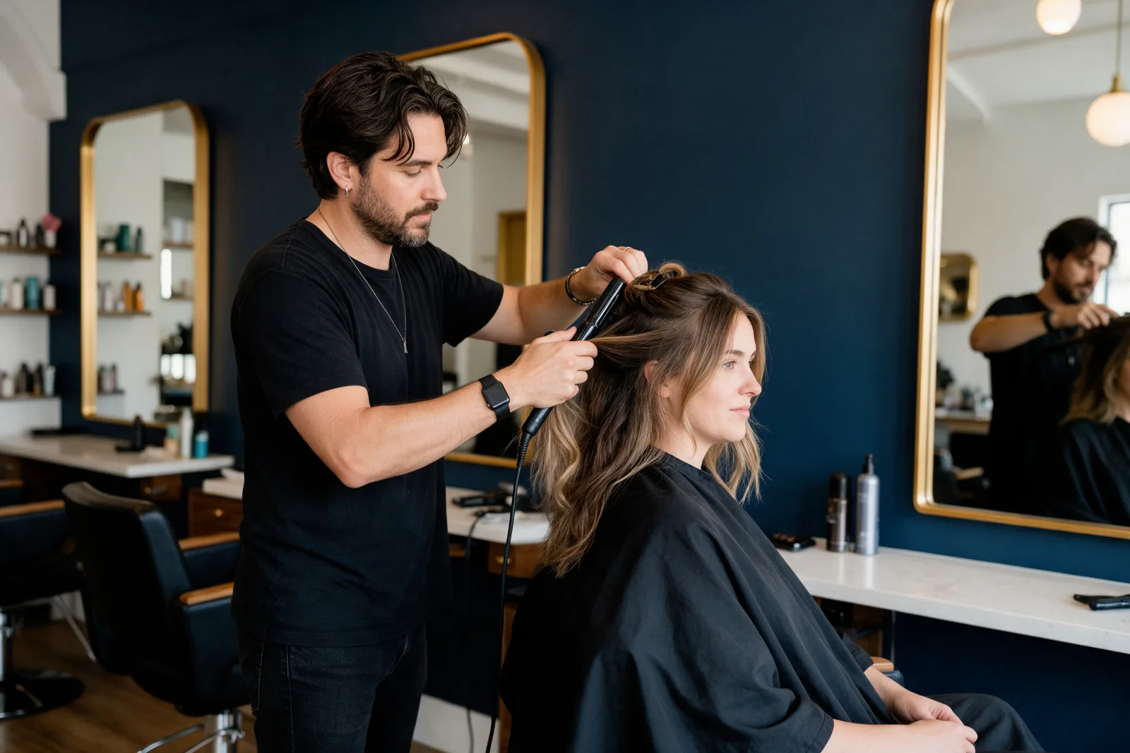 Hair salon owner styling a client in a modern independent salon with navy walls and warm gold mirror frames