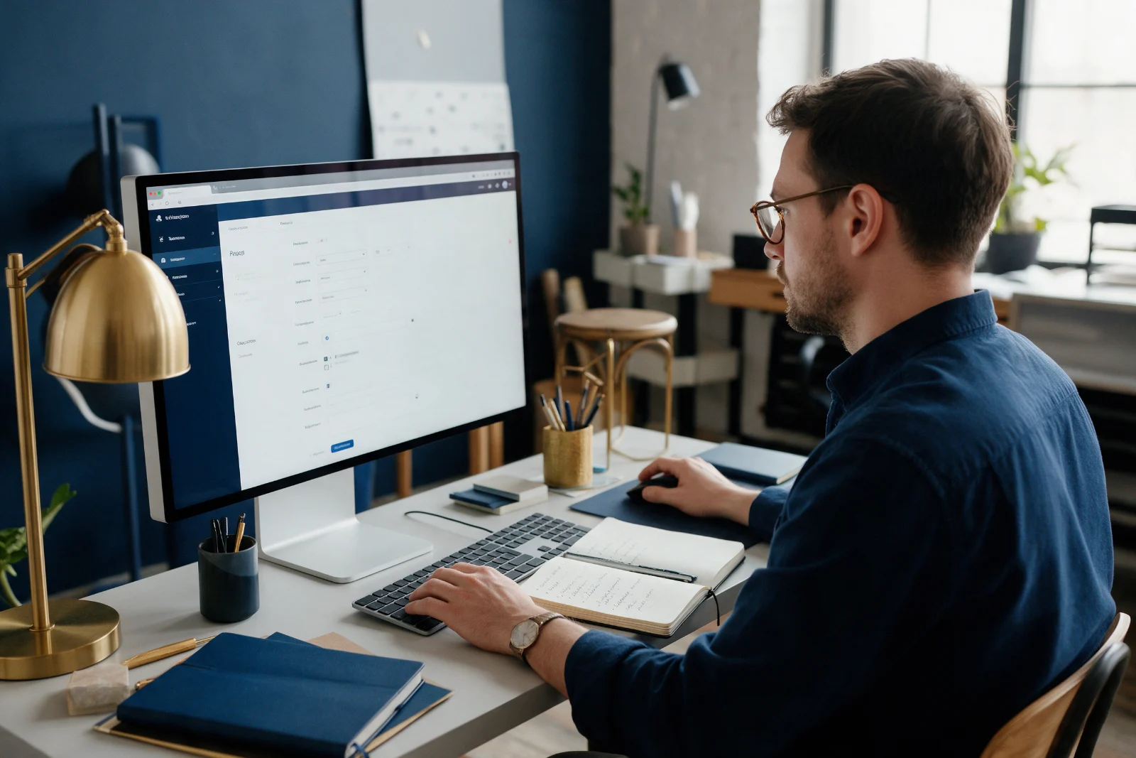 Web designer reviewing page titles and image settings on a large monitor, with a notebook of handwritten search phrases