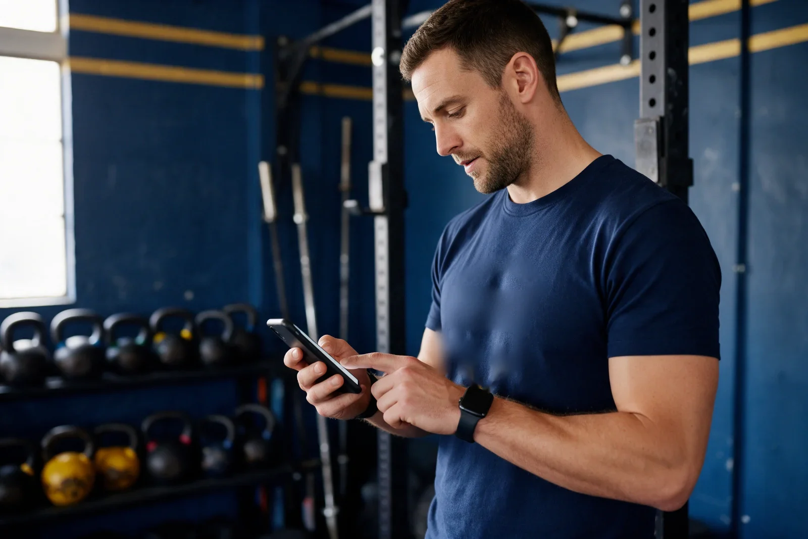 Personal trainer checking class bookings on his phone in a small independent gym, with kettlebells and a rack behind him