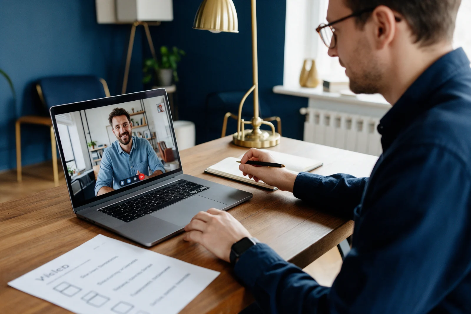Consultant and a business owner on a video call reviewing a website handover checklist, laptop and notebook on a wooden desk