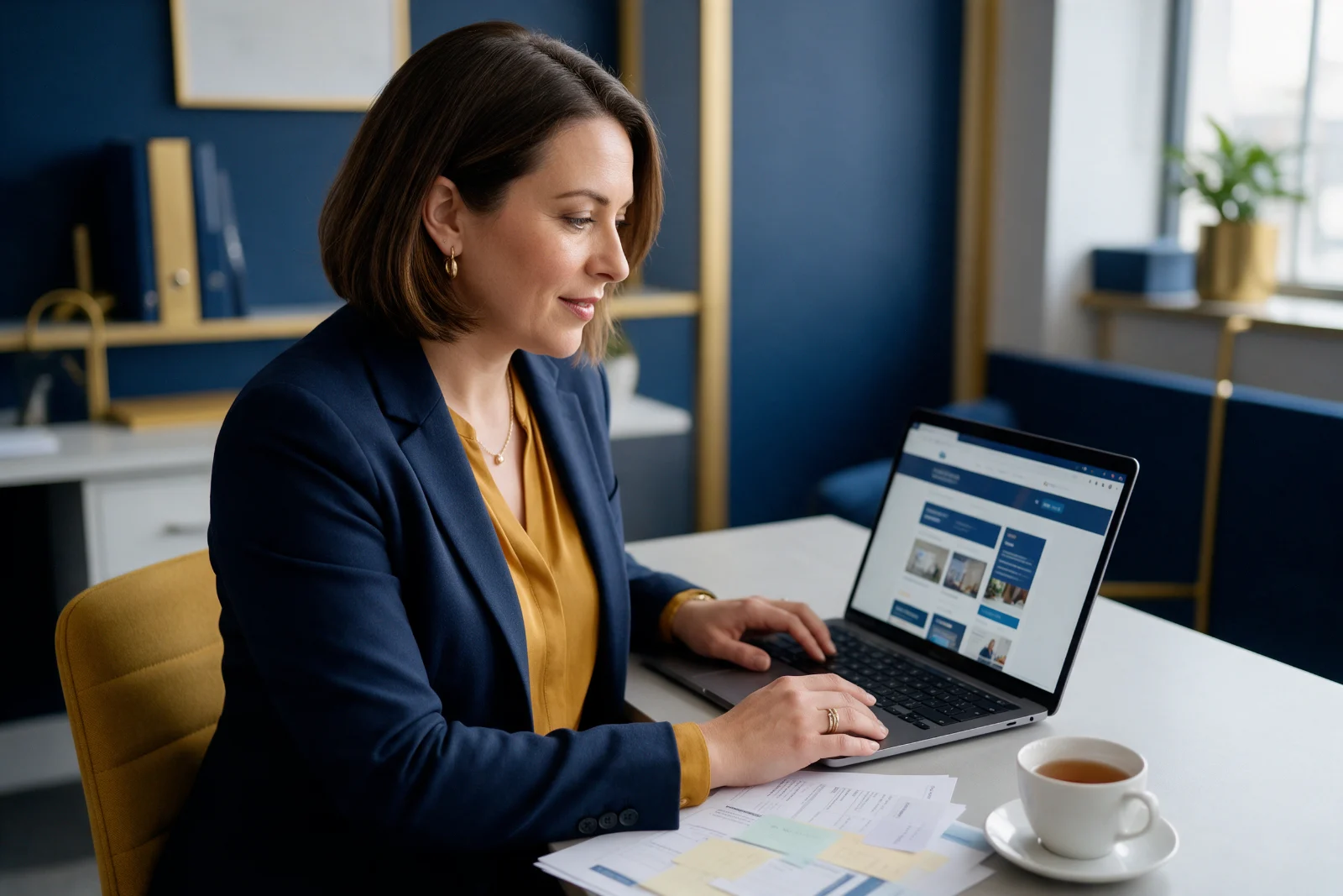 Accountancy firm owner at her desk comparing website options on a laptop, with printed notes and a cup of tea beside her