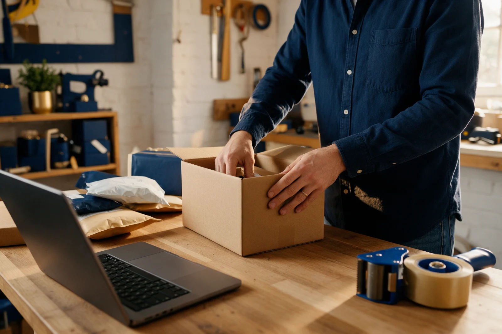 Small business owner packing an online order at a workbench with a laptop open on the order screen beside parcels and tape