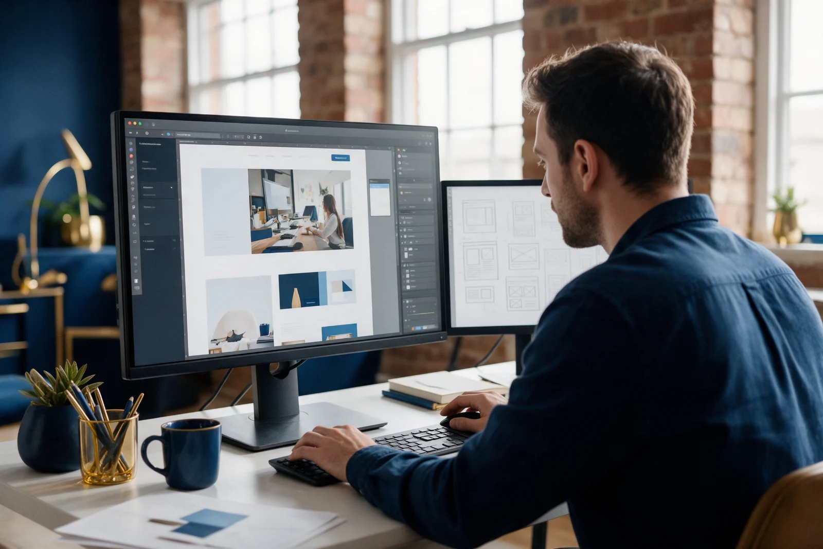 Web designer in a bright Manchester studio building a WordPress business website on a large monitor, with page layouts on a second screen