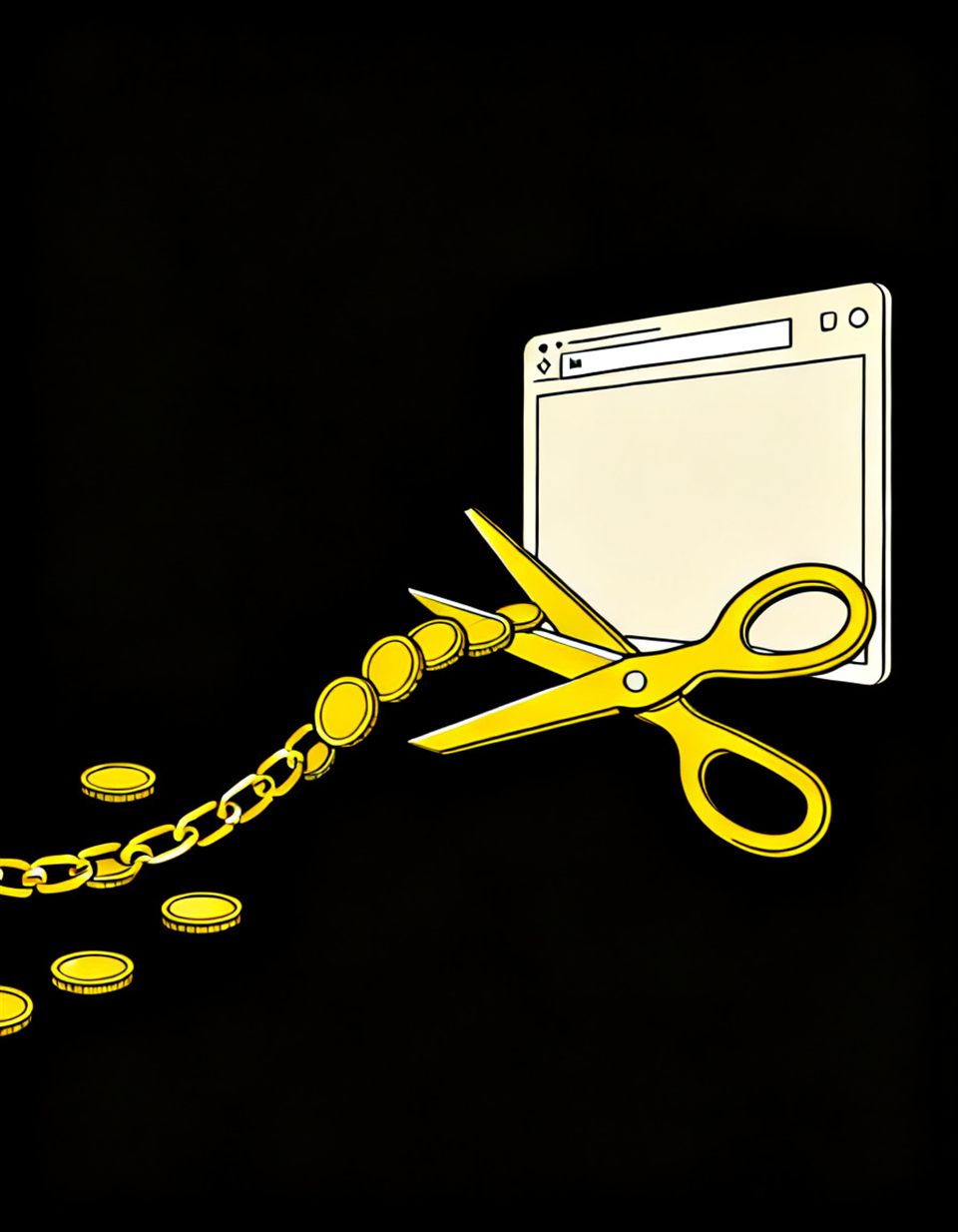 Illustration of yellow scissors cutting a stream of yellow coins before it reaches a browser window