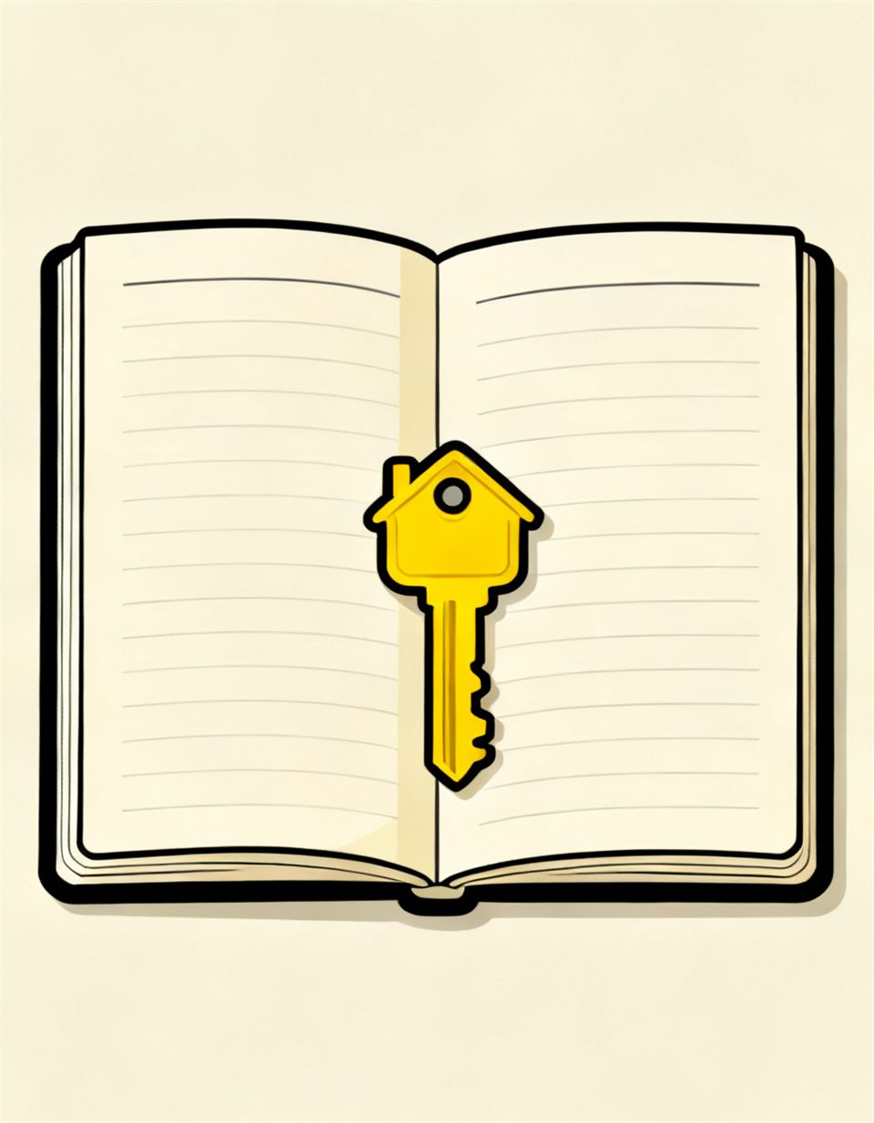 Illustration of an open cream ledger book with blank pages and a bright yellow key resting in the centre fold