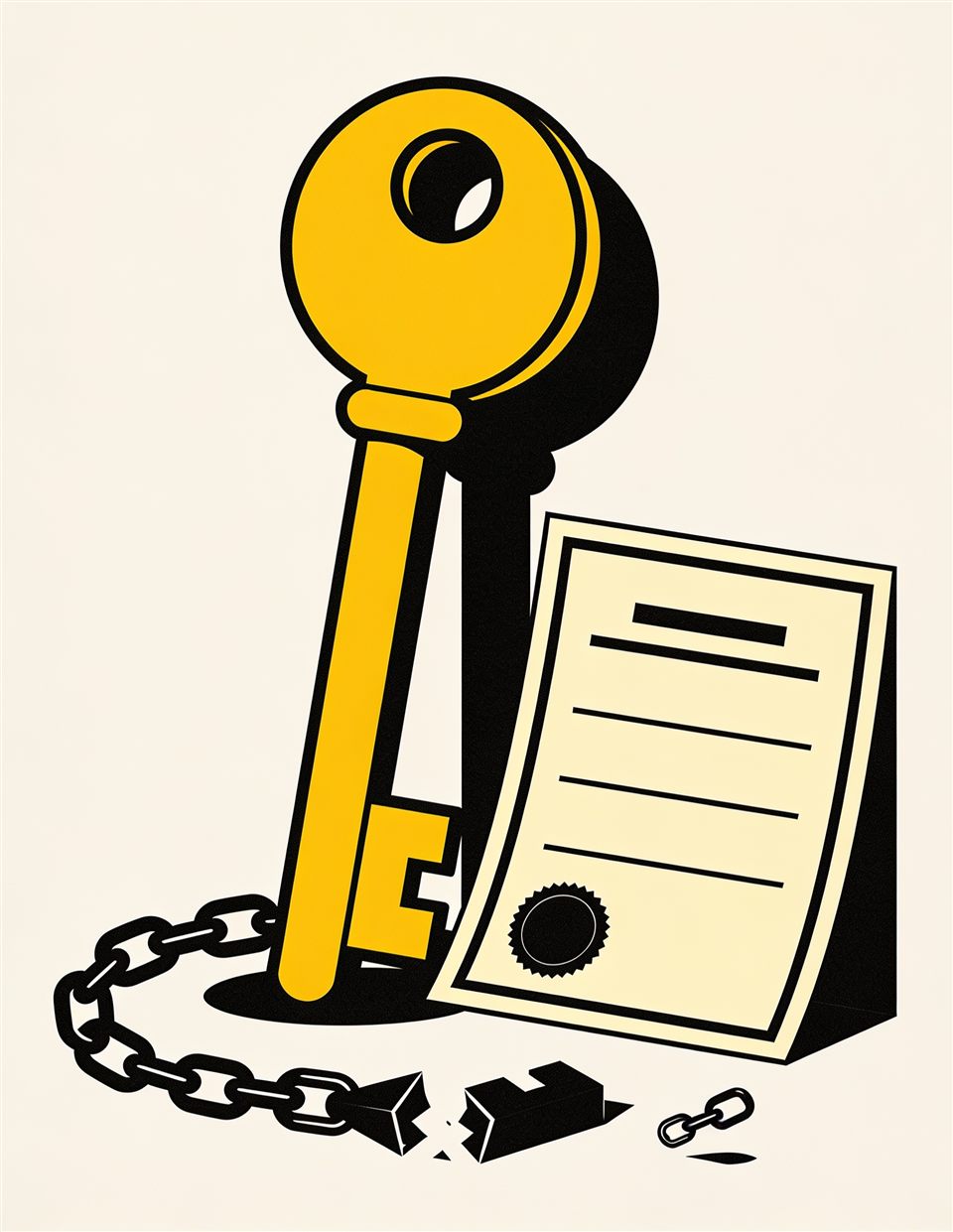 Illustration of a large yellow key beside a property deed with a wax seal, next to a broken black chain