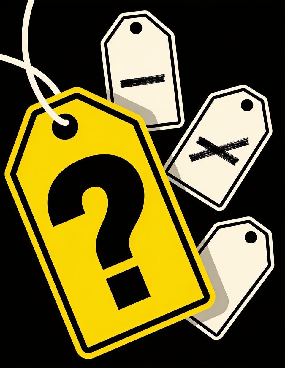 Illustration of a yellow price tag showing a question mark, surrounded by blank price tags with their prices scribbled out