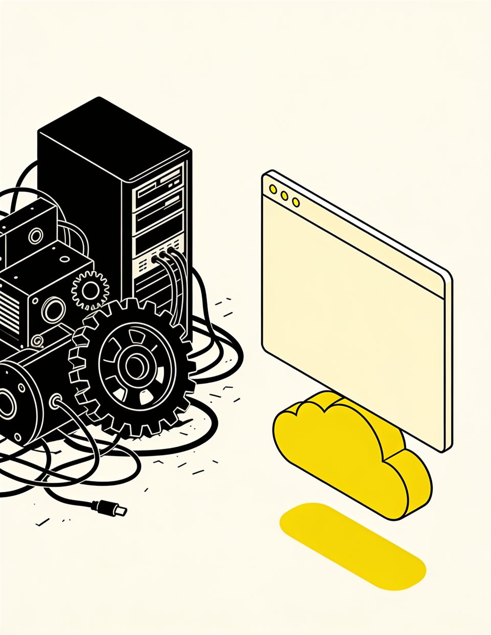 Illustration of a browser window floating on a simple cloud beside a discarded pile of heavy server machinery and gears