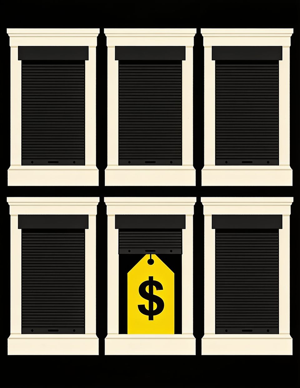 Illustration of six shop windows where five have blinds pulled down and only one openly shows its price tag