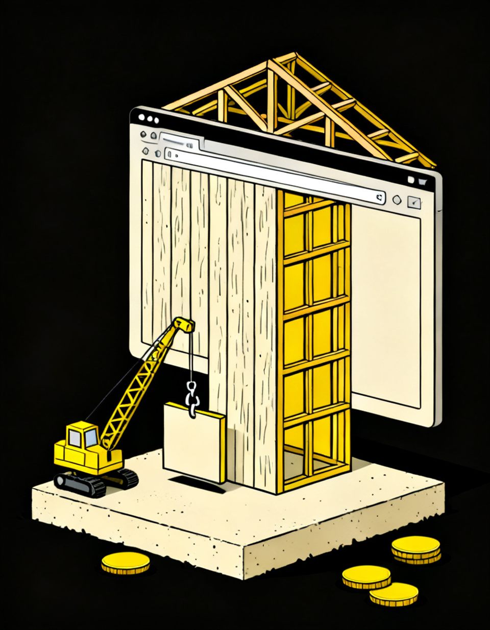 Illustration of a browser window built like a timber house frame going up on a foundation with a yellow crane and coins