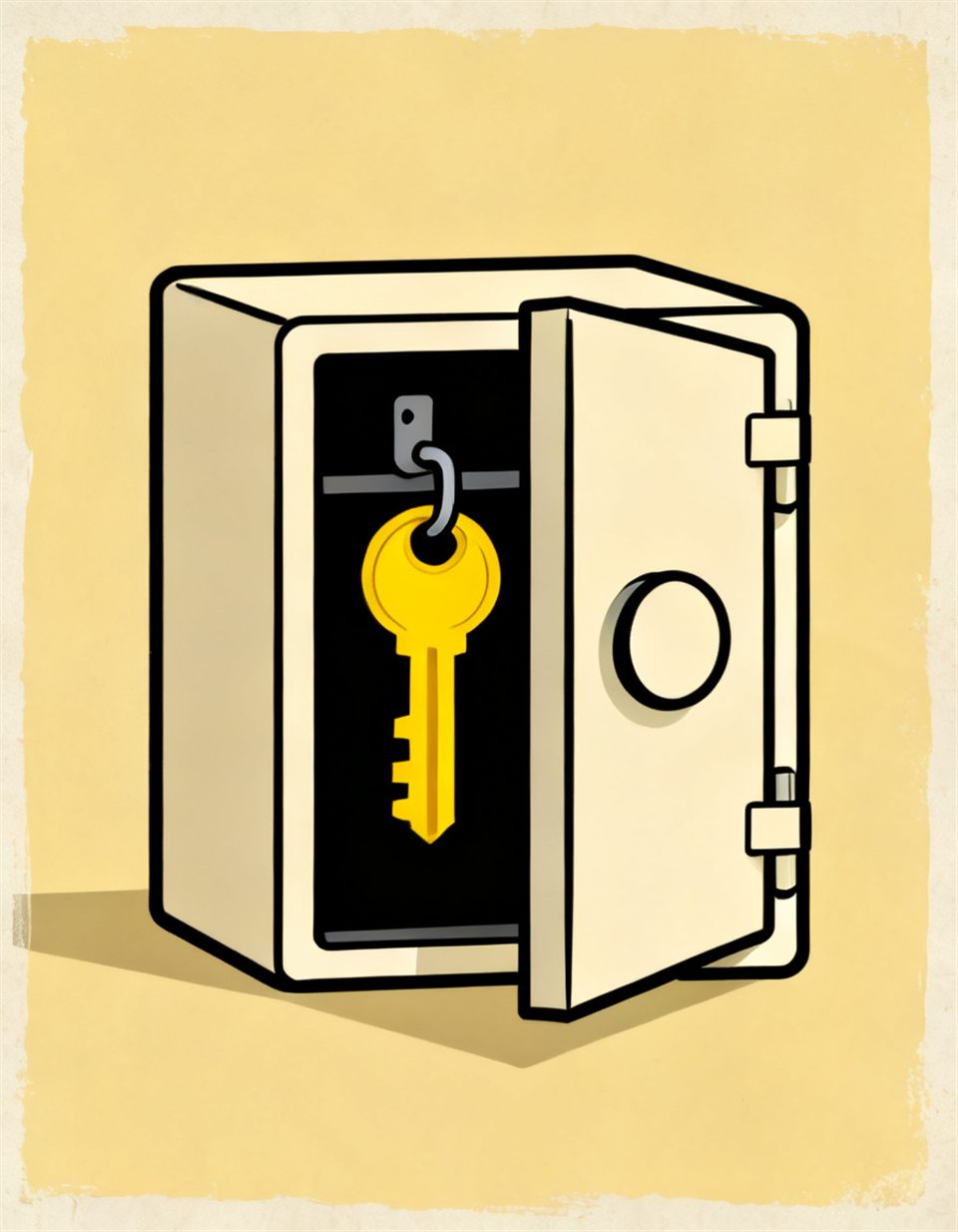 Illustration of an open contractor lockbox with a bright yellow key hanging on a hook inside
