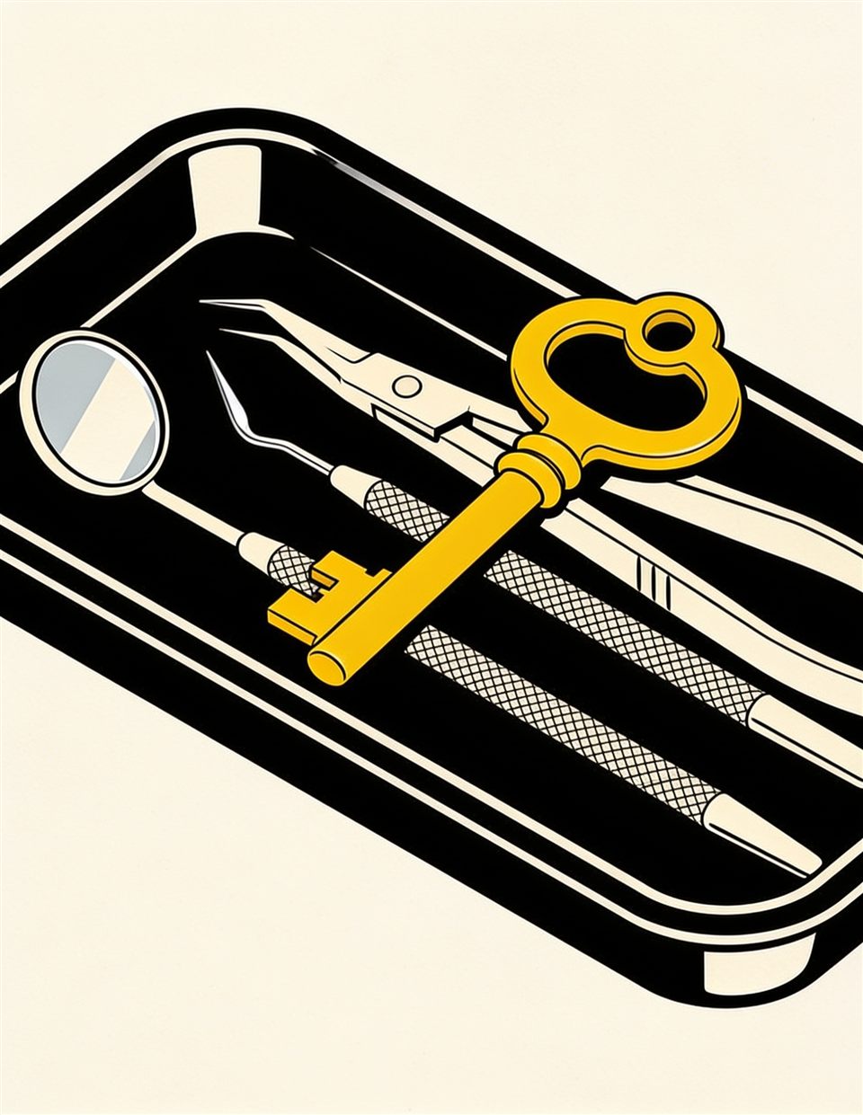 Illustration of a dental instrument tray holding cream tools and one large yellow key